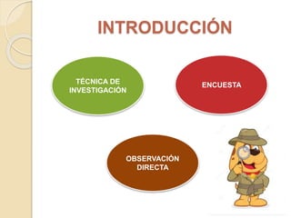 INTRODUCCIÓN
ENCUESTATÉCNICA DE
INVESTIGACIÓN
OBSERVACIÓN
DIRECTA
 