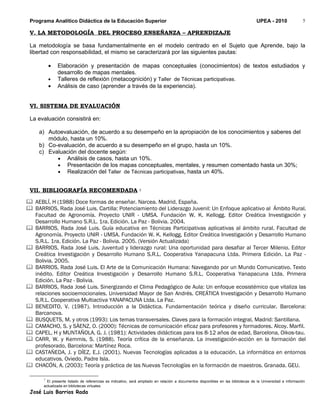 Programa Analítico Didáctica de la Educación Superior                                                                             UPEA - 2010                5

 V. LA METODOLOGÍA DEL PROCESO ENSEÑANZA – APRENDIZAJE

 La metodología se basa fundamentalmente en el modelo centrado en el Sujeto que Aprende, bajo la
 libertad con responsabilidad, el mismo se caracterizará por las siguientes pautas:

           •   Elaboración y presentación de mapas conceptuales (conocimientos) de textos estudiados y
               desarrollo de mapas mentales.
           •   Talleres de reflexión (metacognición) y Taller de Técnicas participativas.
           •   Análisis de caso (aprender a través de la experiencia).


 VI. SISTEMA DE EVALUACIÓN

 La evaluación consistirá en:

     a) Autoevaluación, de acuerdo a su desempeño en la apropiación de los conocimientos y saberes del
        módulo, hasta un 10%.
     b) Co-evaluación, de acuerdo a su desempeño en el grupo, hasta un 10%.
     c) Evaluación del docente según:
           • Análisis de casos, hasta un 10%.
           • Presentación de los mapas conceptuales, mentales, y resumen comentado hasta un 30%;
           • Realización del Taller de Técnicas participativas, hasta un 40%.


 VII. BIBLIOGRAFÍA RECOMENDADA                                 1




 AEBLÍ, H (1988) Doce formas de enseñar. Narcea. Madrid, España.
 BARRIOS, Rada José Luis. Cartilla: Potenciamiento del Liderazgo Juvenil: Un Enfoque aplicativo al Ámbito Rural.
  Facultad de Agronomía. Proyecto UNIR - UMSA. Fundación W. K. Kellogg. Editor Creática Investigación y
  Desarrollo Humano S.R.L. 1ra. Edición. La Paz - Bolivia. 2004.
 BARRIOS, Rada José Luis. Guía educativa en Técnicas Participativas aplicativas al ámbito rural. Facultad de
  Agronomía. Proyecto UNIR - UMSA. Fundación W. K. Kellogg. Editor Creática Investigación y Desarrollo Humano
  S.R.L. 1ra. Edición. La Paz - Bolivia. 2005. (Versión Actualizada)
 BARRIOS, Rada José Luis. Juventud y liderazgo rural: Una oportunidad para desafiar al Tercer Milenio. Editor
  Creática Investigación y Desarrollo Humano S.R.L. Cooperativa Yanapacuna Ltda. Primera Edición. La Paz -
  Bolivia. 2005.
 BARRIOS, Rada José Luis. El Arte de la Comunicación Humana: Navegando por un Mundo Comunicativo. Texto
  inédito. Editor Creática Investigación y Desarrollo Humano S.R.L. Cooperativa Yanapacuna Ltda. Primera
  Edición. La Paz - Bolivia.
 BARRIOS, Rada José Luis. Sinergizando el Clima Pedagógico de Aula: Un enfoque ecosistémico que vitaliza las
  relaciones socioemocionales. Universidad Mayor de San Andrés. CREÁTICA Investigación y Desarrollo Humano
  S.R.L. Cooperativa Multiactiva YANAPACUNA Ltda. La Paz.
 BENEDITO, V. (1987). Introducción a la Didáctica. Fundamentación teórica y diseño curricular. Barcelona:
  Barcanova.
 BUSQUETS, M. y otros (1993): Los temas transversales. Claves para la formación integral. Madrid: Santillana.
 CAMACHO, S. y SÁENZ, O. (2000): Técnicas de comunicación eficaz para profesores y formadores. Alcoy. Marfil.
 CAPEL, H y MUNTAÑOLA, G. J. (1981): Actividades didácticas para los 8-12 años de edad, Barcelona, Oikos-tau.
 CARR, W. y Kemmis, S. (1988). Teoría crítica de la enseñanza. La investigación-acción en la formación del
  profesorado, Barcelona: Martínez Roca.
 CASTAÑEDA, J. y DÍEZ, E.J. (2001). Nuevas Tecnologías aplicadas a la educación. La informática en entornos
  educativos. Oviedo. Padre Isla.
 CHACÓN, A. (2003): Teoría y práctica de las Nuevas Tecnologías en la formación de maestros. Granada. GEU.

       1
         El presente listado de referencias es indicativo, será ampliado en relación a documentos disponibles en las bibliotecas de la Universidad e información
       actualizada en bibliotecas virtuales.
 José Luis Barrios Rada
 