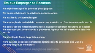 Em que Empregar os Recursos
Na implementação de projetos pedagógicos
No desenvolvimento de atividades educacionais
Na avaliação de aprendizagem
Na aquisição de material de consumo necessário ao funcionamento da escola
Na aquisição de material permanente, quando receberem recursos de capital
Na manutenção, conservação e pequenos reparos da infra-estrutura física da
escola
Na adaptação física do prédio escolar
Para custear despesas cartorárias (alterações de estatutos das UEx ou
recomposição de membros)
 