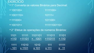 EXERCÍCIO
• 1° Converta os valores Binários para Decimal:
• 100100= 1111100=
• 1001110= 10111=
• 111000= 101100=
• 100101= 11111100110=
• 2° Efetue às operações de números Binários:
1101
+110
11111
+11101
1101101
+ 1001
111011
+110111
11101
+ 110
1111
- 101
11010
x 1101
1010
x 101
111
x 111
11111
x 11
 