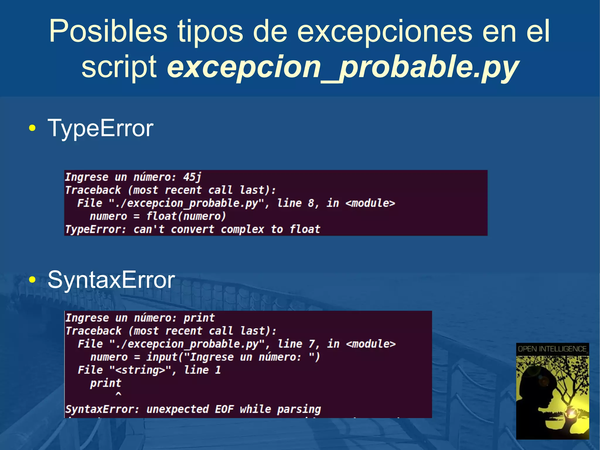 Posibles tipos de excepciones en el
script excepcion_probable.py
●

TypeError

●

SyntaxError

 