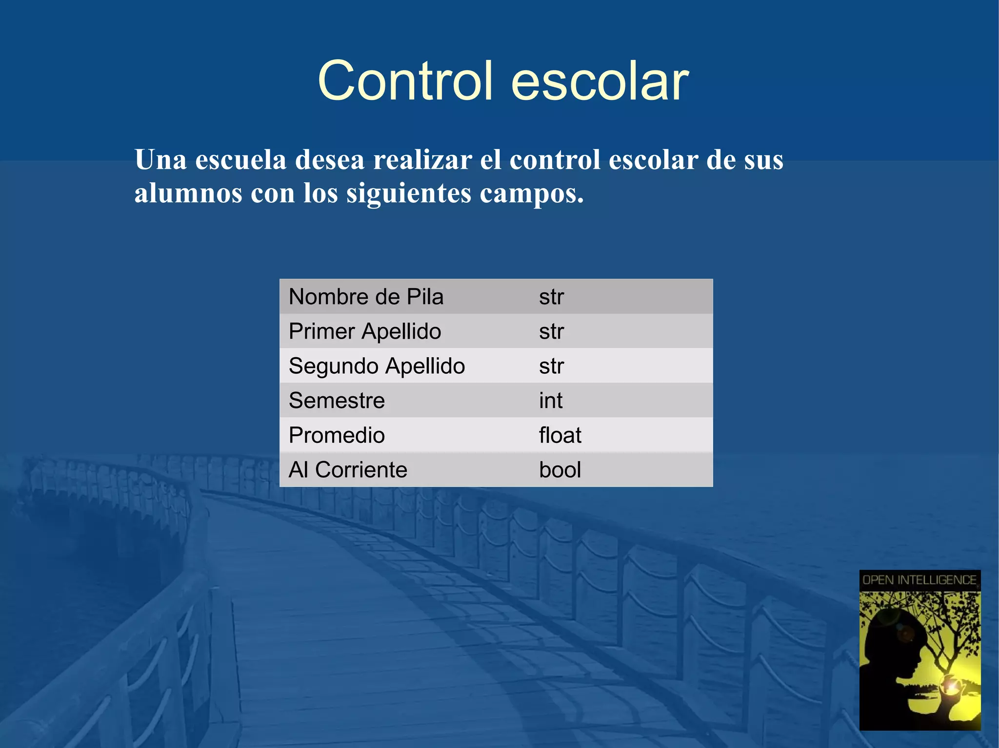 Control escolar
Una escuela desea realizar el control escolar de sus
alumnos con los siguientes campos.
Nombre de Pila

str

Primer Apellido

str

Segundo Apellido

str

Semestre

int

Promedio

float

Al Corriente

bool

 