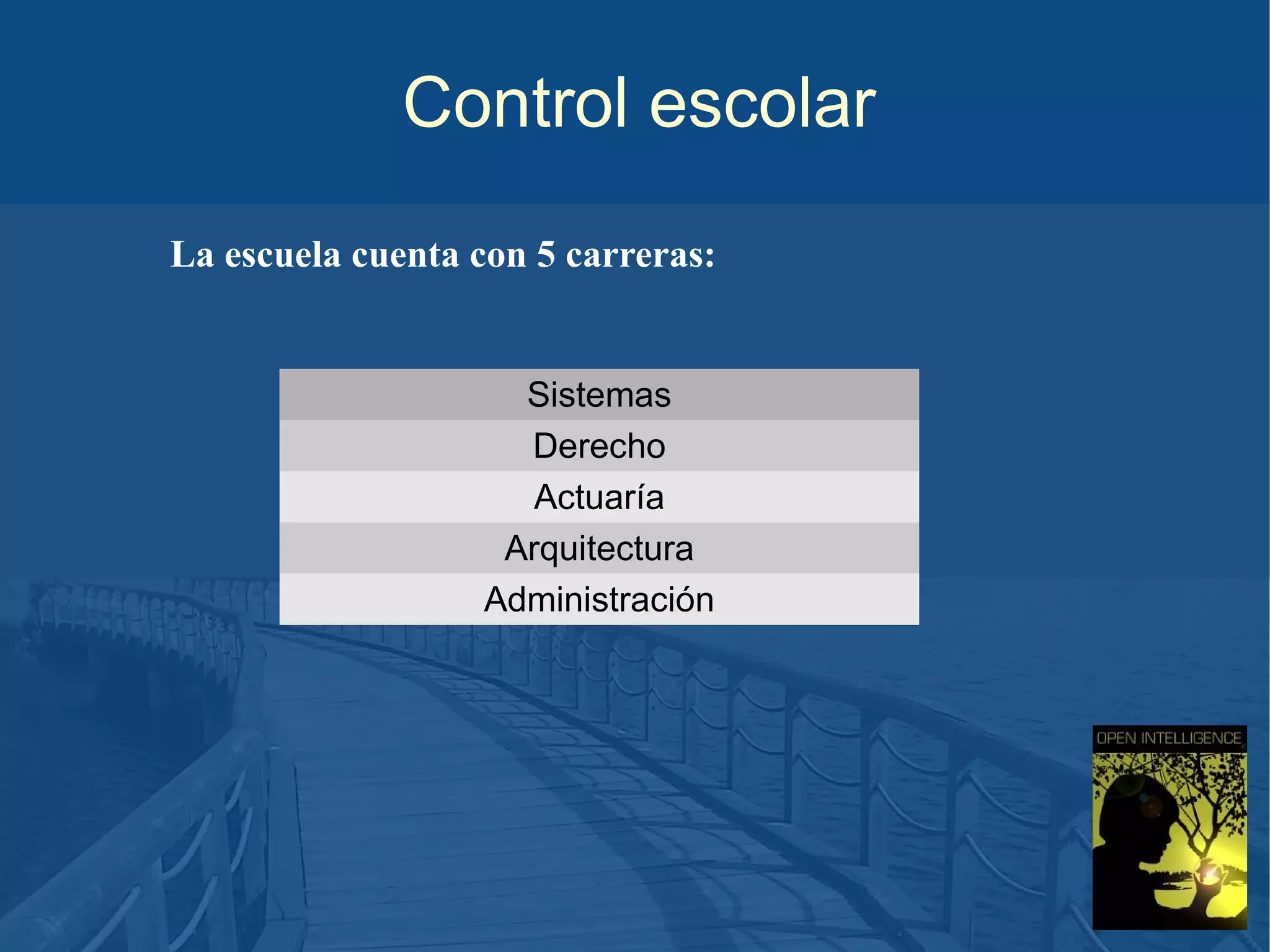 Control escolar
La escuela cuenta con 5 carreras:

Sistemas
Derecho
Actuaría
Arquitectura
Administración

 