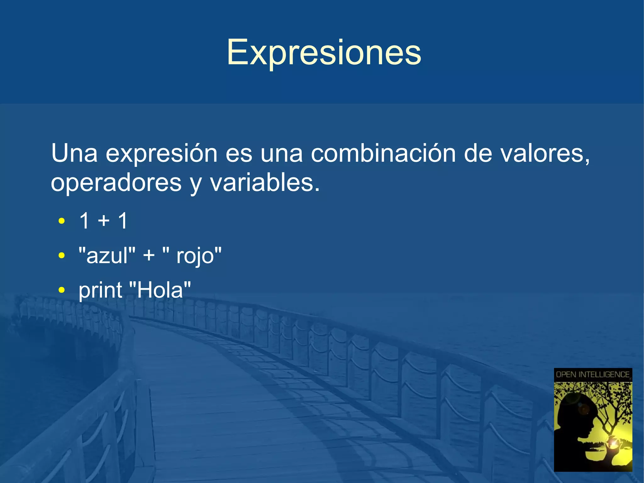 Expresiones
Una expresión es una combinación de valores,
operadores y variables.
●

1+1

●

"azul" + " rojo"

●

print "Hola"

 