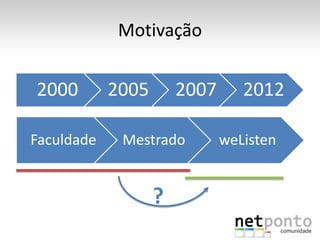 Motivação


2000        2005       2007      2012

Faculdade    Mestrado         weListen


                   ?
 