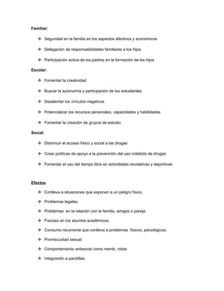 Familiar:
 Seguridad en la familia en los aspectos afectivos y económicos
 Delegación de responsabilidades familiares a los hijos
 Participación activa de los padres en la formación de los hijos
Escolar:
 Fomentar la creatividad
 Buscar la autonomía y participación de los estudiantes
 Desalentar los vínculos negativos
 Potencializar los recursos personales, capacidades y habilidades
 Fomentar la creación de grupos de estudio
Social:
 Disminuir el acceso físico y social a las drogas
 Crear políticas de apoyo a la prevención del uso indebido de drogas
 Fomentar el uso del tiempo libre en actividades recreativas y deportivas
Efectos
 Conlleva a situaciones que exponen a un peligro físico.
 Problemas legales.
 Problemas en la relación con la familia, amigos o pareja.
 Fracaso en los asuntos académicos.
 Consumo recurrente que conlleva a problemas físicos, psicológicos.
 Promiscuidad sexual.
 Comportamiento antisocial como mentir, robar.
 Integración a pandillas.
 