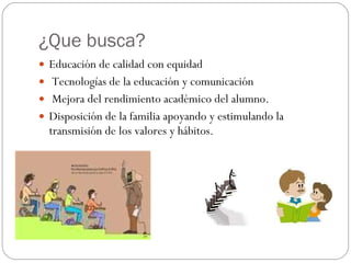 ¿Que busca? Educación de calidad con equidad Tecnologías de la educación y comunicación Mejora del rendimiento académico del alumno. Disposición de la familia apoyando y estimulando la transmisión de los valores y hábitos.  