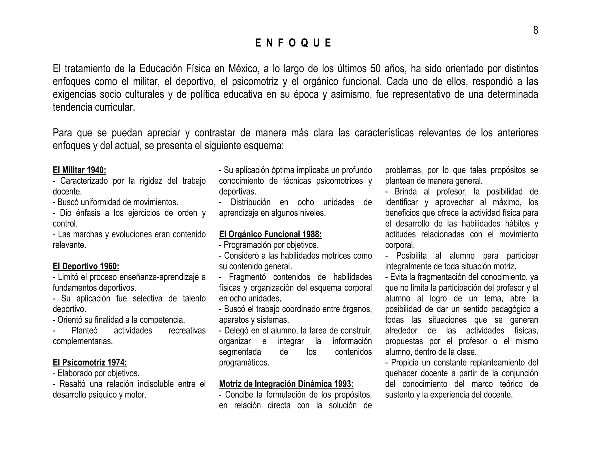 8
                                                           E N F O Q U E

El tratamiento de la Educación Física en México, a lo largo de los últimos 50 años, ha sido orientado por distintos
enfoques como el militar, el deportivo, el psicomotriz y el orgánico funcional. Cada uno de ellos, respondió a las
exigencias socio culturales y de política educativa en su época y asimismo, fue representativo de una determinada
tendencia curricular.

Para que se puedan apreciar y contrastar de manera más clara las características relevantes de los anteriores
enfoques y del actual, se presenta el siguiente esquema:

El Militar 1940:                                 - Su aplicación óptima implicaba un profundo    problemas, por lo que tales propósitos se
- Caracterizado por la rigidez del trabajo       conocimiento de técnicas psicomotrices y        plantean de manera general.
docente.                                         deportivas.                                     - Brinda al profesor, la posibilidad de
- Buscó uniformidad de movimientos.              - Distribución en ocho unidades de              identificar y aprovechar al máximo, los
- Dio énfasis a los ejercicios de orden y        aprendizaje en algunos niveles.                 beneficios que ofrece la actividad física para
control.                                                                                         el desarrollo de las habilidades hábitos y
- Las marchas y evoluciones eran contenido       El Orgánico Funcional 1988:                     actitudes relacionadas con el movimiento
relevante.                                       - Programación por objetivos.                   corporal.
                                                 - Consideró a las habilidades motrices como     - Posibilita al alumno para participar
El Deportivo 1960:                               su contenido general.                           integralmente de toda situación motriz.
- Limitó el proceso enseñanza-aprendizaje a      - Fragmentó contenidos de habilidades           - Evita la fragmentación del conocimiento, ya
fundamentos deportivos.                          físicas y organización del esquema corporal     que no limita la participación del profesor y el
- Su aplicación fue selectiva de talento         en ocho unidades.                               alumno al logro de un tema, abre la
deportivo.                                       - Buscó el trabajo coordinado entre órganos,    posibilidad de dar un sentido pedagógico a
- Orientó su finalidad a la competencia.         aparatos y sistemas.                            todas las situaciones que se generan
-     Planteó       actividades    recreativas   - Delegó en el alumno, la tarea de construir,   alrededor de las actividades físicas,
complementarias.                                 organizar e integrar la información             propuestas por el profesor o el mismo
                                                 segmentada        de      los     contenidos    alumno, dentro de la clase.
El Psicomotriz 1974:                             programáticos.                                  - Propicia un constante replanteamiento del
- Elaborado por objetivos.                                                                       quehacer docente a partir de la conjunción
- Resaltó una relación indisoluble entre el      Motriz de Integración Dinámica 1993:            del conocimiento del marco teórico de
desarrollo psíquico y motor.                     - Concibe la formulación de los propósitos,     sustento y la experiencia del docente.
                                                 en relación directa con la solución de
 