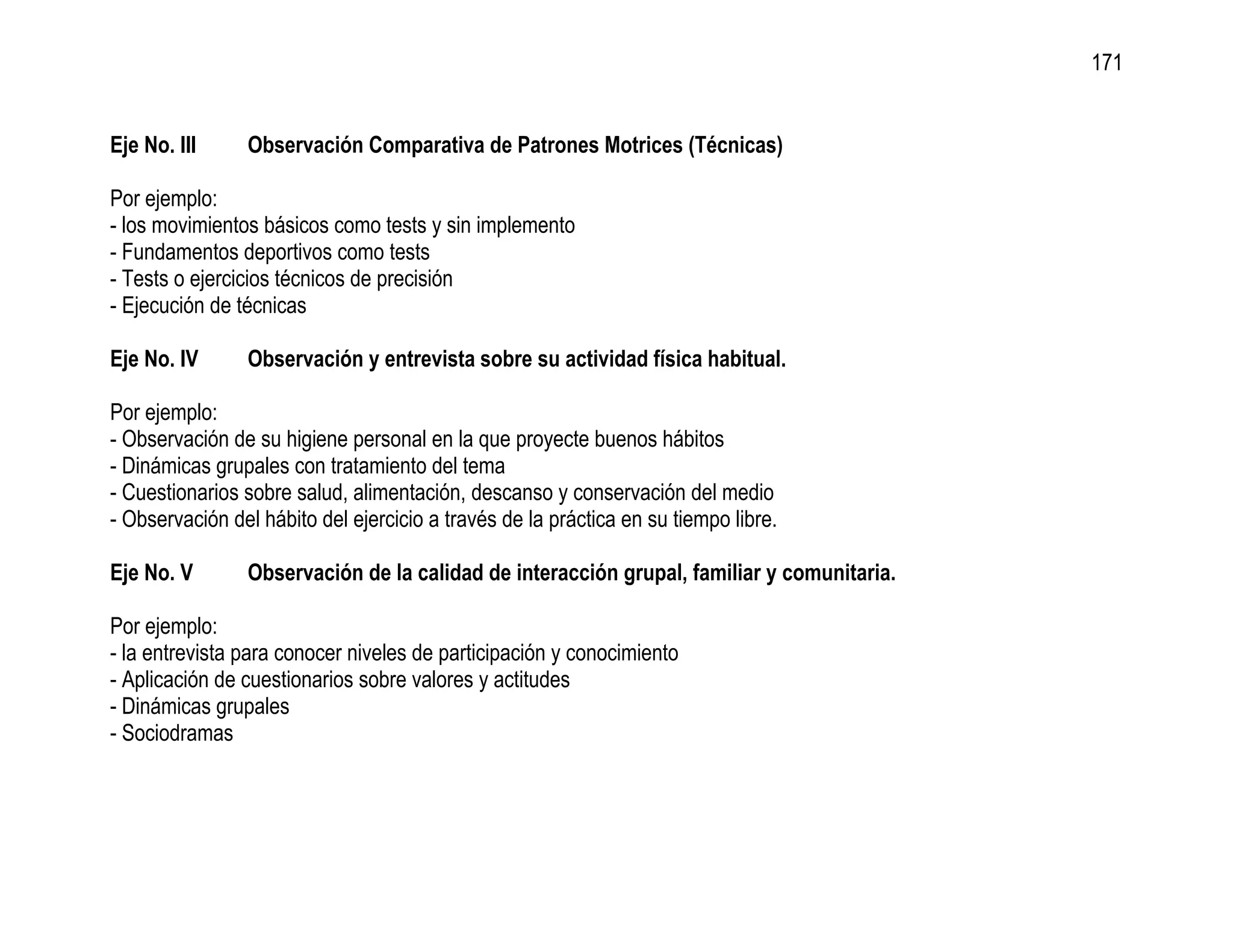 171


Eje No. III     Observación Comparativa de Patrones Motrices (Técnicas)

Por ejemplo:
- los movimientos básicos como tests y sin implemento
- Fundamentos deportivos como tests
- Tests o ejercicios técnicos de precisión
- Ejecución de técnicas

Eje No. IV      Observación y entrevista sobre su actividad física habitual.

Por ejemplo:
- Observación de su higiene personal en la que proyecte buenos hábitos
- Dinámicas grupales con tratamiento del tema
- Cuestionarios sobre salud, alimentación, descanso y conservación del medio
- Observación del hábito del ejercicio a través de la práctica en su tiempo libre.

Eje No. V       Observación de la calidad de interacción grupal, familiar y comunitaria.

Por ejemplo:
- la entrevista para conocer niveles de participación y conocimiento
- Aplicación de cuestionarios sobre valores y actitudes
- Dinámicas grupales
- Sociodramas
 