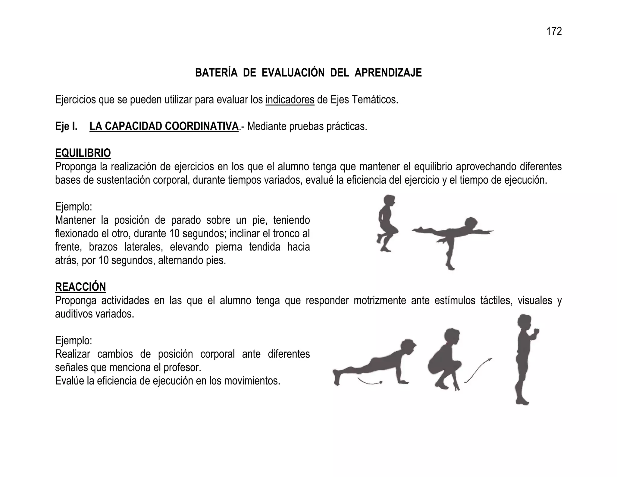172


                                  BATERÍA DE EVALUACIÓN DEL APRENDIZAJE

Ejercicios que se pueden utilizar para evaluar los indicadores de Ejes Temáticos.

Eje I.   LA CAPACIDAD COORDINATIVA.- Mediante pruebas prácticas.

EQUILIBRIO
Proponga la realización de ejercicios en los que el alumno tenga que mantener el equilibrio aprovechando diferentes
bases de sustentación corporal, durante tiempos variados, evalué la eficiencia del ejercicio y el tiempo de ejecución.

Ejemplo:
Mantener la posición de parado sobre un pie, teniendo
flexionado el otro, durante 10 segundos; inclinar el tronco al
frente, brazos laterales, elevando pierna tendida hacia
atrás, por 10 segundos, alternando pies.

REACCIÓN
Proponga actividades en las que el alumno tenga que responder motrizmente ante estímulos táctiles, visuales y
auditivos variados.

Ejemplo:
Realizar cambios de posición corporal ante diferentes
señales que menciona el profesor.
Evalúe la eficiencia de ejecución en los movimientos.
 