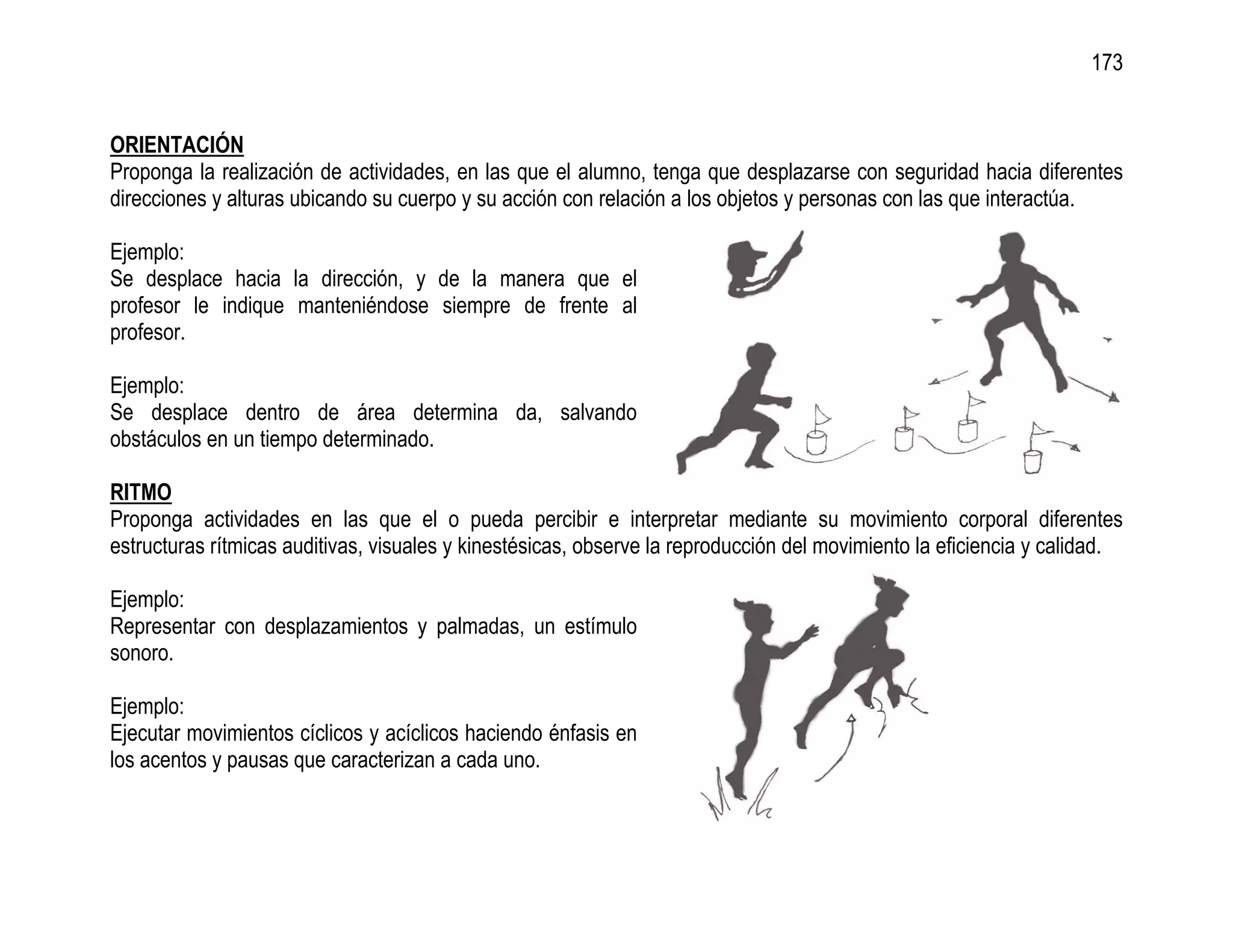 173


ORIENTACIÓN
Proponga la realización de actividades, en las que el alumno, tenga que desplazarse con seguridad hacia diferentes
direcciones y alturas ubicando su cuerpo y su acción con relación a los objetos y personas con las que interactúa.

Ejemplo:
Se desplace hacia la dirección, y de la manera que el
profesor le indique manteniéndose siempre de frente al
profesor.

Ejemplo:
Se desplace dentro de área determina da, salvando
obstáculos en un tiempo determinado.

RITMO
Proponga actividades en las que el o pueda percibir e interpretar mediante su movimiento corporal diferentes
estructuras rítmicas auditivas, visuales y kinestésicas, observe la reproducción del movimiento la eficiencia y calidad.

Ejemplo:
Representar con desplazamientos y palmadas, un estímulo
sonoro.

Ejemplo:
Ejecutar movimientos cíclicos y acíclicos haciendo énfasis en
los acentos y pausas que caracterizan a cada uno.
 