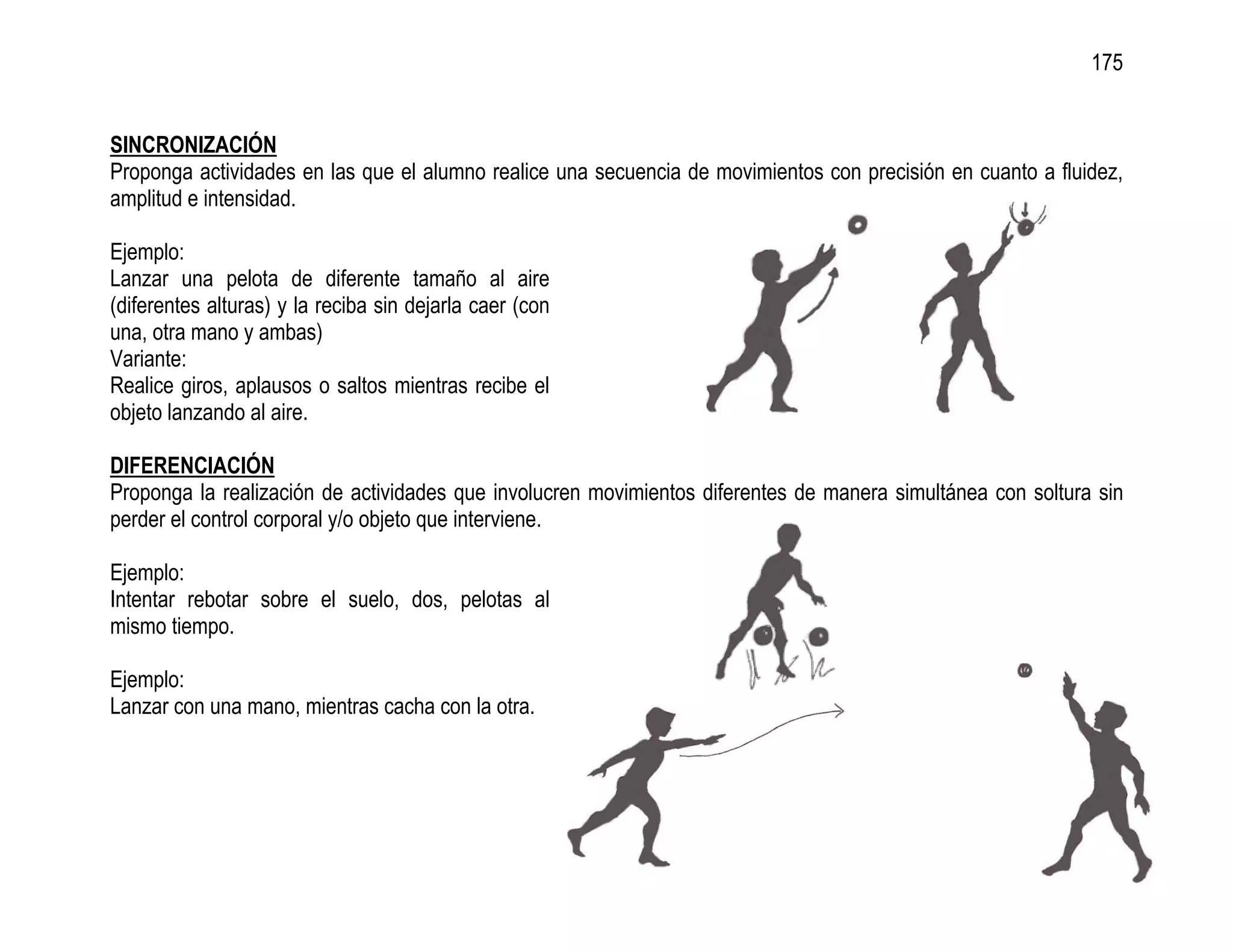 175


SINCRONIZACIÓN
Proponga actividades en las que el alumno realice una secuencia de movimientos con precisión en cuanto a fluidez,
amplitud e intensidad.

Ejemplo:
Lanzar una pelota de diferente tamaño al aire
(diferentes alturas) y la reciba sin dejarla caer (con
una, otra mano y ambas)
Variante:
Realice giros, aplausos o saltos mientras recibe el
objeto lanzando al aire.

DIFERENCIACIÓN
Proponga la realización de actividades que involucren movimientos diferentes de manera simultánea con soltura sin
perder el control corporal y/o objeto que interviene.

Ejemplo:
Intentar rebotar sobre el suelo, dos, pelotas al
mismo tiempo.

Ejemplo:
Lanzar con una mano, mientras cacha con la otra.
 
