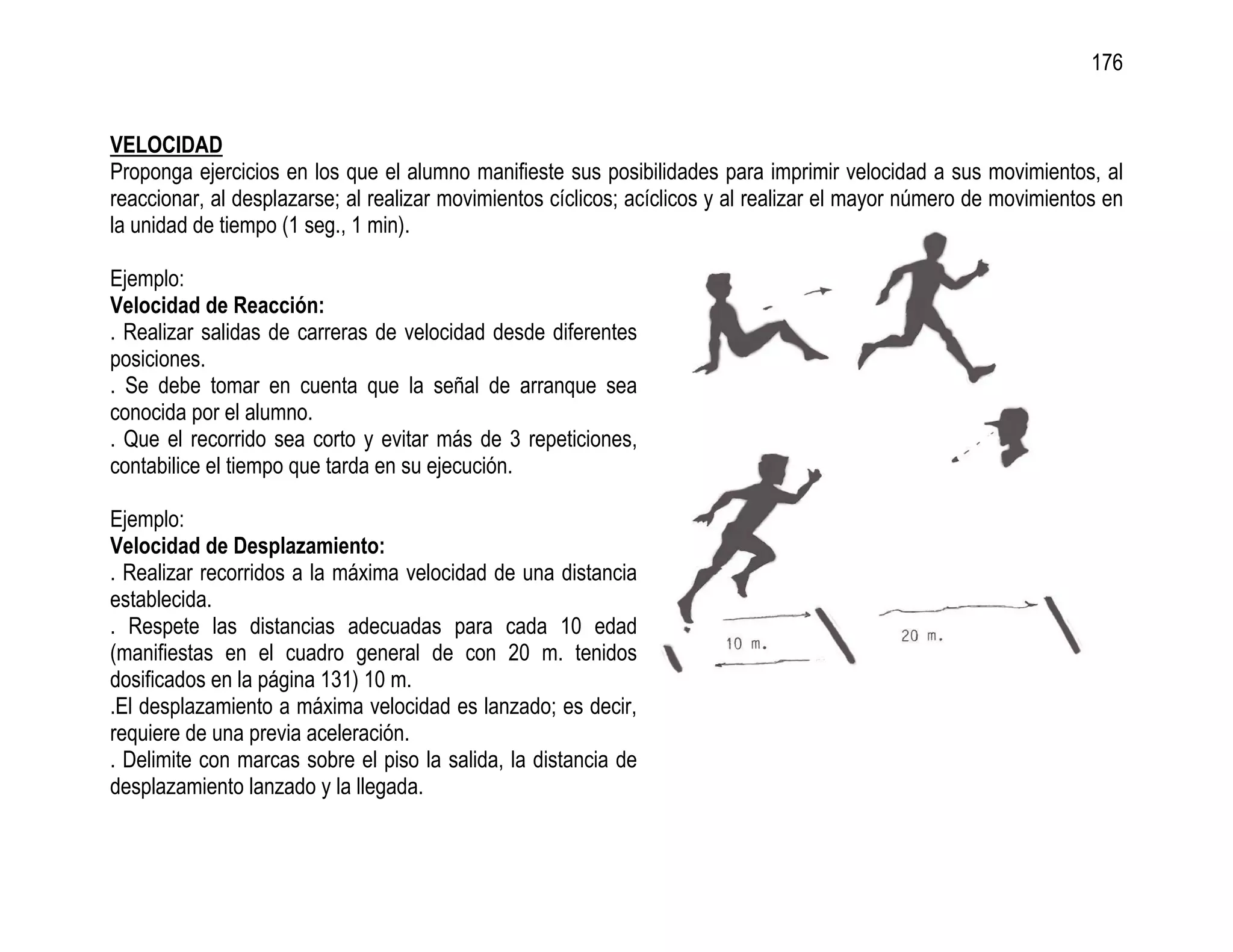 176


VELOCIDAD
Proponga ejercicios en los que el alumno manifieste sus posibilidades para imprimir velocidad a sus movimientos, al
reaccionar, al desplazarse; al realizar movimientos cíclicos; acíclicos y al realizar el mayor número de movimientos en
la unidad de tiempo (1 seg., 1 min).

Ejemplo:
Velocidad de Reacción:
. Realizar salidas de carreras de velocidad desde diferentes
posiciones.
. Se debe tomar en cuenta que la señal de arranque sea
conocida por el alumno.
. Que el recorrido sea corto y evitar más de 3 repeticiones,
contabilice el tiempo que tarda en su ejecución.

Ejemplo:
Velocidad de Desplazamiento:
. Realizar recorridos a la máxima velocidad de una distancia
establecida.
. Respete las distancias adecuadas para cada 10 edad
(manifiestas en el cuadro general de con 20 m. tenidos
dosificados en la página 131) 10 m.
.El desplazamiento a máxima velocidad es lanzado; es decir,
requiere de una previa aceleración.
. Delimite con marcas sobre el piso la salida, la distancia de
desplazamiento lanzado y la llegada.
 