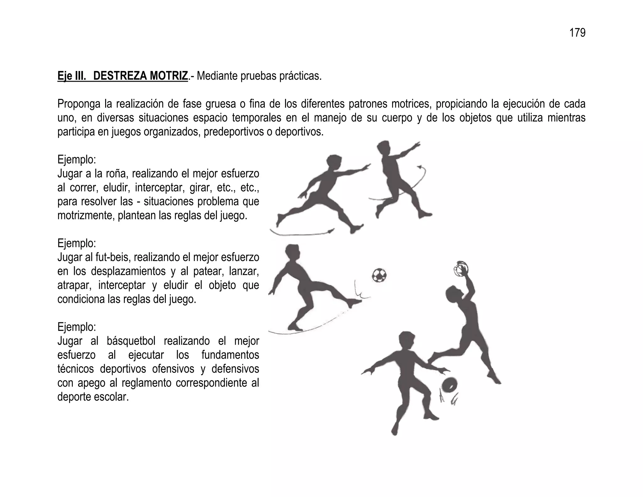 179


Eje III. DESTREZA MOTRIZ.- Mediante pruebas prácticas.

Proponga la realización de fase gruesa o fina de los diferentes patrones motrices, propiciando la ejecución de cada
uno, en diversas situaciones espacio temporales en el manejo de su cuerpo y de los objetos que utiliza mientras
participa en juegos organizados, predeportivos o deportivos.

Ejemplo:
Jugar a la roña, realizando el mejor esfuerzo
al correr, eludir, interceptar, girar, etc., etc.,
para resolver las - situaciones problema que
motrizmente, plantean las reglas del juego.

Ejemplo:
Jugar al fut-beis, realizando el mejor esfuerzo
en los desplazamientos y al patear, lanzar,
atrapar, interceptar y eludir el objeto que
condiciona las reglas del juego.

Ejemplo:
Jugar al básquetbol realizando el mejor
esfuerzo al ejecutar los fundamentos
técnicos deportivos ofensivos y defensivos
con apego al reglamento correspondiente al
deporte escolar.
 