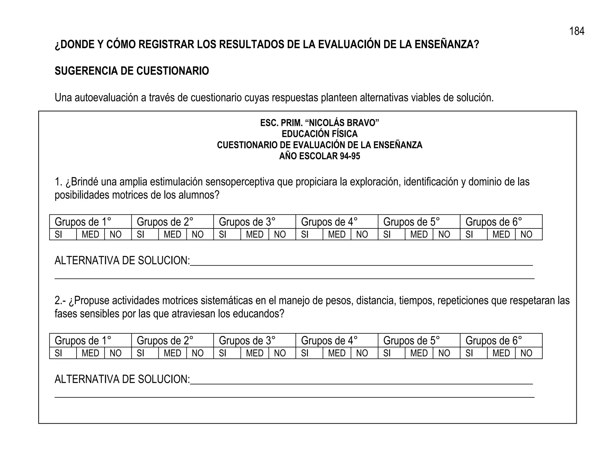 184
¿DONDE Y CÓMO REGISTRAR LOS RESULTADOS DE LA EVALUACIÓN DE LA ENSEÑANZA?

SUGERENCIA DE CUESTIONARIO

Una autoevaluación a través de cuestionario cuyas respuestas planteen alternativas viables de solución.

                                              ESC. PRIM. “NICOLÁS BRAVO”
                                                   EDUCACIÓN FÍSICA
                                      CUESTIONARIO DE EVALUACIÓN DE LA ENSEÑANZA
                                                   AÑO ESCOLAR 94-95

1. ¿Brindé una amplia estimulación sensoperceptiva que propiciara la exploración, identificación y dominio de las
posibilidades motrices de los alumnos?

Grupos de 1°       Grupos de 2°        Grupos de 3°       Grupos de 4°        Grupos de 5°       Grupos de 6°
SI    MED    NO    SI    MED    NO     SI    MED    NO    SI     MED   NO     SI    MED    NO    SI     MED   NO

ALTERNATIVA DE SOLUCION:_________________________________________________________________
___________________________________________________________________________________________

2.- ¿Propuse actividades motrices sistemáticas en el manejo de pesos, distancia, tiempos, repeticiones que respetaran las
fases sensibles por las que atraviesan los educandos?

Grupos de 1°       Grupos de 2°        Grupos de 3°       Grupos de 4°        Grupos de 5°       Grupos de 6°
SI    MED    NO    SI    MED    NO     SI    MED    NO    SI     MED   NO     SI    MED    NO    SI     MED   NO

ALTERNATIVA DE SOLUCION:_________________________________________________________________
___________________________________________________________________________________________
 