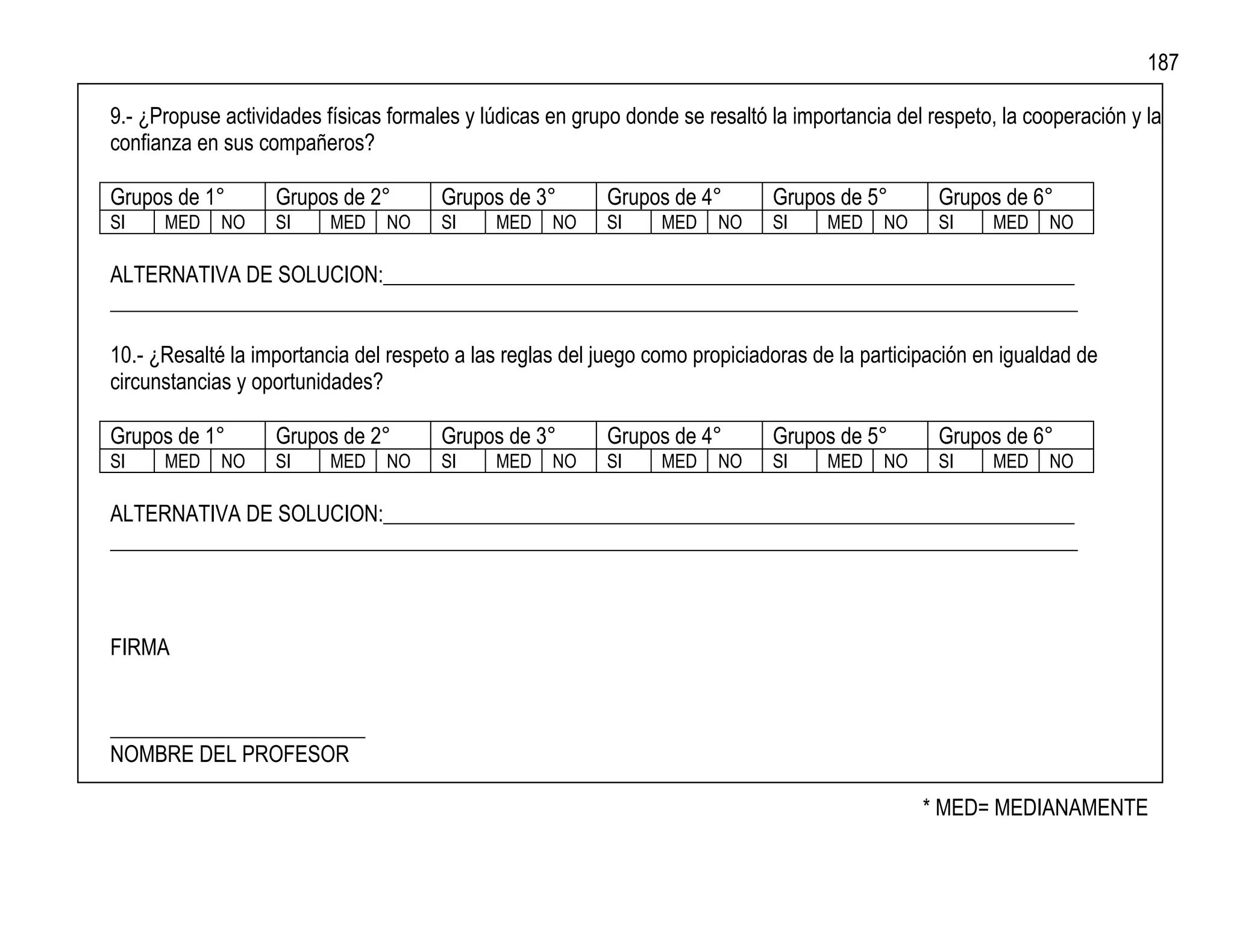 187

9.- ¿Propuse actividades físicas formales y lúdicas en grupo donde se resaltó la importancia del respeto, la cooperación y la
confianza en sus compañeros?

Grupos de 1°       Grupos de 2°        Grupos de 3°        Grupos de 4°       Grupos de 5°        Grupos de 6°
SI    MED    NO    SI     MED   NO     SI    MED    NO     SI    MED    NO    SI     MED   NO     SI    MED    NO

ALTERNATIVA DE SOLUCION:_________________________________________________________________
___________________________________________________________________________________________

10.- ¿Resalté la importancia del respeto a las reglas del juego como propiciadoras de la participación en igualdad de
circunstancias y oportunidades?

Grupos de 1°       Grupos de 2°        Grupos de 3°        Grupos de 4°       Grupos de 5°        Grupos de 6°
SI    MED    NO    SI     MED   NO     SI    MED    NO     SI    MED    NO    SI     MED   NO     SI    MED    NO

ALTERNATIVA DE SOLUCION:_________________________________________________________________
___________________________________________________________________________________________



FIRMA


________________________
NOMBRE DEL PROFESOR

                                                                                                * MED= MEDIANAMENTE
 
