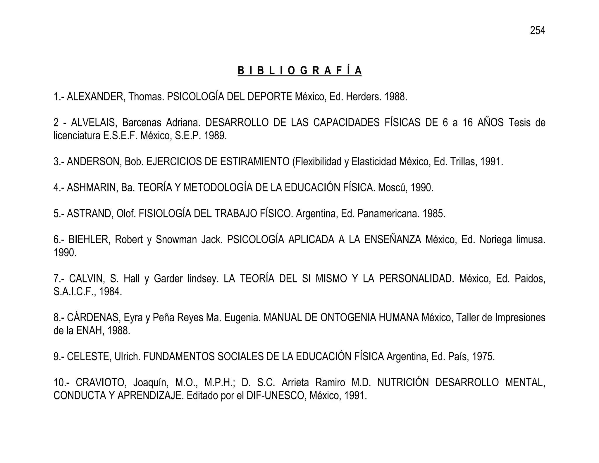 254


                                        B I B L I O G R A F Í A

1.- ALEXANDER, Thomas. PSICOLOGÍA DEL DEPORTE México, Ed. Herders. 1988.

2 - ALVELAIS, Barcenas Adriana. DESARROLLO DE LAS CAPACIDADES FÍSICAS DE 6 a 16 AÑOS Tesis de
licenciatura E.S.E.F. México, S.E.P. 1989.

3.- ANDERSON, Bob. EJERCICIOS DE ESTIRAMIENTO (Flexibilidad y Elasticidad México, Ed. Trillas, 1991.

4.- ASHMARIN, Ba. TEORÍA Y METODOLOGÍA DE LA EDUCACIÓN FÍSICA. Moscú, 1990.

5.- ASTRAND, Olof. FISIOLOGÍA DEL TRABAJO FÍSICO. Argentina, Ed. Panamericana. 1985.

6.- BIEHLER, Robert y Snowman Jack. PSICOLOGÍA APLICADA A LA ENSEÑANZA México, Ed. Noriega limusa.
1990.

7.- CALVIN, S. Hall y Garder lindsey. LA TEORÍA DEL SI MISMO Y LA PERSONALIDAD. México, Ed. Paidos,
S.A.I.C.F., 1984.

8.- CÁRDENAS, Eyra y Peña Reyes Ma. Eugenia. MANUAL DE ONTOGENIA HUMANA México, Taller de Impresiones
de la ENAH, 1988.

9.- CELESTE, Ulrich. FUNDAMENTOS SOCIALES DE LA EDUCACIÓN FÍSICA Argentina, Ed. País, 1975.

10.- CRAVIOTO, Joaquín, M.O., M.P.H.; D. S.C. Arrieta Ramiro M.D. NUTRICIÓN DESARROLLO MENTAL,
CONDUCTA Y APRENDIZAJE. Editado por el DIF-UNESCO, México, 1991.
 