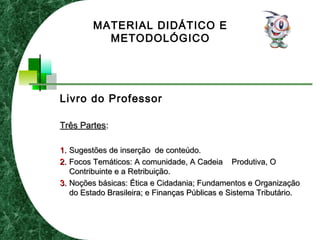 Livro do Professor
Três PartesTrês Partes::
1.1. Sugestões de inserção de conteúdo.Sugestões de inserção de conteúdo.
2.2. Focos Temáticos: A comunidade, A Cadeia Produtiva, OFocos Temáticos: A comunidade, A Cadeia Produtiva, O
Contribuinte e a Retribuição.Contribuinte e a Retribuição.
3.3. Noções básicas: Ética e Cidadania; Fundamentos e OrganizaçãoNoções básicas: Ética e Cidadania; Fundamentos e Organização
do Estado Brasileira; e Finanças Públicas e Sistema Tributário.do Estado Brasileira; e Finanças Públicas e Sistema Tributário.
MATERIAL DIDÁTICO E
METODOLÓGICO
 