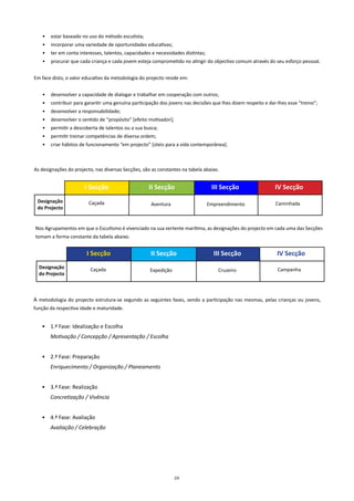 •   estar baseado no uso do método escutista;
   •   incorporar uma variedade de oportunidades educativas;
   •   ter em conta interesses, talentos, capacidades e necessidades distintas;
   •   procurar que cada criança e cada jovem esteja comprometido no atingir do objectivo comum através do seu esforço pessoal.


Em face disto, o valor educativo da metodologia do projecto reside em:


   •   desenvolver a capacidade de dialogar e trabalhar em cooperação com outros;
   •   contribuir para garantir uma genuína participação dos jovens nas decisões que lhes dizem respeito e dar-lhes esse “treino”;
   •   desenvolver a responsabilidade;
   •   desenvolver o sentido de “propósito” [efeito motivador];
   •   permitir a descoberta de talentos ou a sua busca;
   •   permitir treinar competências de diversa ordem;
   •   criar hábitos de funcionamento “em projecto” [úteis para a vida contemporânea].



As designações do projecto, nas diversas Secções, são as constantes na tabela abaixo.


                       I Secção                     II Secção                      III Secção                 IV Secção
 Designação              Caçada                                                                               Caminhada
                                                     Aventura                     Empreendimento
 do Projecto


Nos Agrupamentos em que o Escutismo é vivenciado na sua vertente marítima, as designações do projecto em cada uma das Secções
tomam a forma constante da tabela abaixo.


                        I Secção                     II Secção                      III Secção                 IV Secção
  Designação             Caçada                                                                                Campanha
                                                     Expedição                        Cruzeiro
  do Projecto



A metodologia do projecto estrutura-se segundo as seguintes fases, sendo a participação nas mesmas, pelas crianças ou jovens,
função da respectiva idade e maturidade.


   • 1.ª Fase: Idealização e Escolha
       Motivação / Concepção / Apresentação / Escolha


   • 2.ª Fase: Preparação
       Enriquecimento / Organização / Planeamento


   • 3.ª Fase: Realização
       Concretização / Vivência


   • 4.ª Fase: Avaliação
       Avaliação / Celebração




                                                                  24
 