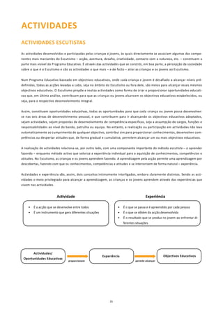 ACTIVIDADES
ACTIVIDADES ESCUTISTAS
As actividades desenvolvidas e participadas pelas crianças e jovens, às quais directamente se associam algumas das compo-
nentes mais marcantes do Escutismo – acção, aventura, desafio, criatividade, contacto com a natureza, etc. – constituem a
parte mais visível do Programa Educativo. É através das actividades que se constrói, em boa parte, a percepção da sociedade
sobre o que é o Escutismo e são as actividades o que mais – e de facto – atrai as crianças e os jovens ao Escutismo.


Num Programa Educativo baseado em objectivos educativos, onde cada criança e jovem é desafiado a alcançar níveis pré-
definidos, todas as acções levadas a cabo, seja no âmbito do Escutismo ou fora dele, são meios para alcançar esses mesmos
objectivos educativos. O Escutismo propõe e realiza actividades como forma de criar e proporcionar oportunidades educati-
vas que, em última análise, contribuam para que as crianças ou jovens alcancem os objectivos educativos estabelecidos, ou
seja, para o respectivo desenvolvimento integral.


Assim, constituem oportunidades educativas, todas as oportunidades para que cada criança ou jovem possa desenvolver-
se nas seis áreas de desenvolvimento pessoal, e que contribuem para ir alcançando os objectivos educativos adoptados,
sejam actividades, sejam propostas de desenvolvimento de competência específicas, seja a assumpção de cargos, funções e
responsabilidades ao nível do bando, patrulha ou equipa. No entanto, a realização ou participação em actividades não leva
automaticamente ao cumprimento de qualquer objectivo, contribui sim para proporcionar conhecimentos, desenvolver com-
petências ou despertar atitudes que, de forma gradual e cumulativa, permitem alcançar um ou mais objectivos educativos.


A realização de actividades relaciona-se, por outro lado, com uma componente importante do método escutista – o aprender
fazendo – enquanto método activo que valoriza a experiência individual para a aquisição de conhecimentos, competências e
atitudes. No Escutismo, as crianças e os jovens aprendem fazendo. A aprendizagem pela acção permite uma aprendizagem por
descobertas, fazendo com que os conhecimentos, competências e atitudes e se interiorizem de forma natural – experiência.


Actividades e experiência são, assim, dois conceitos intimamente interligados, embora claramente distintos. Sendo as acti-
vidades o meio privilegiado para alcançar a aprendizagem, as crianças e os jovens aprendem através das experiências que
vivem nas actividades.


                         Actividade                                                    Experiência

    •   É a acção que se desenvolve entre todos                    •   É o que se passa e é apreendido por cada pessoa
    •   É um instrumento que gera diferentes situações             •   É o que se obtém da acção desenvolvida
                                                                   •   É o resultado que se produz no jovem ao enfrentar di-
                                                                       ferentes situações




        Actividades/
                                                         Experiência                               Objectivos Educativos
 Oportunidades Educativas
                                proporcionam                                   permite alcançar




                                                             35
 