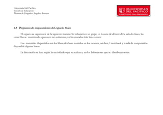 Universidad del Pacífico
Escuela de Educación
Alumna de Pregrado: Angelina Barraza
 
 


1.5 Propuesta de mejoramiento del espacio físico

       El espacio se organizará de la siguiente manera: Se trabajará en un grupo en la zona de delante de la sala de clases, las
otras filas se reunirán de a pares en tres columnas, en los costados irán los estantes.

      Los materiales disponibles son los libros de clases reunidos en los estantes, un data, 1 notebook y la sala de computación
disponible algunas horas.

       La decoración se hará según las actividades que se realicen y en los Subsectores que se distribuyan estas.




        
 
