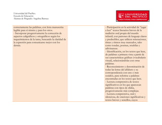 Universidad del Pacífico
Escuela de Educación
Alumna de Pregrado: Angelina Barraza
 
 
correctamente las palabras, con letra manuscrita      - Participación en la actividad de “jugar
legible para sí mismo y para los otros.               a leer” textos literarios breves de la
- Incorporar progresivamente la corrección de         tradición oral propia del mundo
aspectos caligráficos y ortográficos según los        infantil, con patrones de lenguaje claros
requerimientos de la tarea, buscando la claridad de   y predecibles, que utilicen reiteraciones,
la expresión para comunicarse mejor con los           rimas y ritmos muy marcados, tales
demás.                                                como rondas, poemas, retahílas y
                                                      adivinanzas.
                                                      - Identificación, en los textos que leen,
                                                      de palabras a primera vista a partir de
                                                      sus características gráficas (vocabulario
                                                      visual), relacionándolas con otras
                                                      palabras.
                                                      - Reconocimiento y denominación de
                                                      todas las letras del alfabeto y su
                                                      correspondencia con uno o más
                                                      sonidos, para referirse a palabras
                                                      encontradas en los textos que leen.
                                                      - Lectura comprensiva de textos
                                                      significativos en los que aparezcan
                                                      palabras con tipos de sílaba,
                                                      progresivamente más complejas.
                                                      - Lectura comprensiva, oral y
                                                      silenciosa, de oraciones significativas y
                                                      textos breves y sencillos, cuyos



        
 