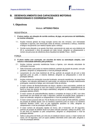 Programa de EDUCAÇÂO FÍSICA                                                           Cursos Profissionais




B. DESENVOLVIMENTO DAS CAPACIDADES MOTORAS
   CONDICIONAIS E COORDENATIVAS

   1..Objectivos
                                    Módulo: APTIDÃO FÍSICA

     RESISTÊNCIA
     1. O aluno realiza, em situação de corrida contínua, de jogo, em percursos de habilidades,
        ou noutras situações:

       1.1.   Acções motoras globais de longa duração (acima dos oito minutos), com intensidade
              moderada a vigorosa, sem diminuição nítida de eficácia, controlando o esforço, resistindo
              à fadiga e recuperando com relativa rapidez após o esforço.
              Corrida numa direcção e na oposta (Vai-Vem), percorrendo de cada vez uma distância de
              20 m, aumentando o ritmo da passada em cada minuto, atingindo ou ultrapassando o
              número de percursos de referência (Zona Saudável de Aptidão Física - ZSAF).

     FORÇA
     2. O aluno realiza com correcção, em circuitos de treino ou exercitação simples, com
        volume e intensidade definidos pelo professor:
       2.1.   Acções motoras vencendo resistências fracas a ligeiras, com elevada velocidade de
              contracção muscular.
              Salto horizontal a pés juntos na máxima distância, partindo da posição de parado, com pés
              paralelos, atingindo ou ultrapassando o nível de prestação definido.
              Lançamento de uma bola medicinal de 3/4 kg, partindo da posição de pé com a bola
              agarrada junto ao peito, à máxima distância, atingindo ou ultrapassando o nível de
              prestação definido.
     2.2.     Acções motoras de contracção muscular localizada, vencendo resistências, de carga fraca
              ou ligeira, com elevada velocidade em cada acção, em esforços de duração relativamente
              prolongada, resistindo à fadiga, sem diminuição nítida de eficácia.
              O maior número de flexões/extensões de braços, rápidas e bem executadas, partindo da
              posição de deitado dorsal no solo com braços e pernas estendidos, suspendendo-se na
              barra ou trave (ao alcance dos braços estendidos), atingindo ou ultrapassando o nível de
              prestação definido (ZSAF).
              O maior número de extensões/flexões rápidas e completas de braços (a 90º), num ritmo
              aproximado de uma flexão em cada 3 segundos, partindo da posição facial, mantendo o
              corpo em extensão, atingindo ou ultrapassando o nível de prestação definido ( ZSAF).
              O maior número possível (até aos 75) de flexões do tronco (até ao limite definido), partindo
              da posição de deitado dorsal, com os membros superiores junto ao corpo e os membros
              inferiores flectidos (140º), com os pés totalmente apoiados no chão, atingindo ou
              ultrapassando o nível de prestação definido (ZSAF).
              O maior número de elevações rápidas do tronco, até à horizontal, em 30 segundos,
              partindo da posição de deitado facial num plano elevado (exemplo: cabeça do plinto), com
              os pés fixos no espaldar ou pelo companheiro, atingindo ou ultrapassando o nível de
              prestação definido.
              Saltos a pés juntos de frente, por cima de um obstáculo (banco sueco), o maior número de
              vezes, em 30 segundos, com um apoio (saltitar) intermédio entre cada salto, atingindo o
              nível de prestação definido.


                                                                                                      103
 