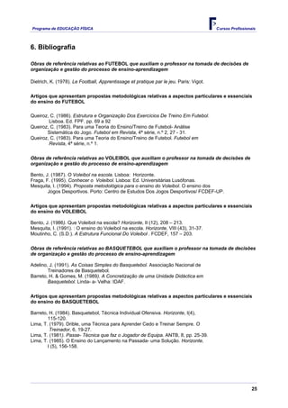 Programa de EDUCAÇÂO FÍSICA                                                             Cursos Profissionais




6. Bibliografia

Obras de referência relativas ao FUTEBOL que auxiliam o professor na tomada de decisões de
organização e gestão do processo de ensino-aprendizagem

Dietrich, K. (1978). Le Football, Apprentissage et pratique par le jeu. Paris: Vigot.

Artigos que apresentam propostas metodológicas relativas a aspectos particulares e essenciais
do ensino do FUTEBOL

Queiroz, C. (1986). Estrutura e Organização Dos Exercícios De Treino Em Futebol.
        Lisboa. Ed. FPF. pp. 69 a 92
Queiroz, C. (1983). Para uma Teoria do Ensino/Treino de Futebol- Análise
       Sistemática do Jogo. Futebol em Revista, 4ª série, n.º 2, 27 - 31.
Queiroz, C. (1983). Para uma Teoria do Ensino/Treino de Futebol. Futebol em
        Revista, 4ª série, n.º 1.

Obras de referência relativas ao VOLEIBOL que auxiliam o professor na tomada de decisões de
organização e gestão do processo de ensino-aprendizagem

Bento, J. (1987). O Voleibol na escola. Lisboa: Horizonte.
Fraga, F. (1995). Conhecer o Voleibol. Lisboa: Ed. Universitárias Lusófonas.
Mesquita, I. (1994). Proposta metodológica para o ensino do Voleibol. O ensino dos
        Jogos Desportivos. Porto: Centro de Estudos Dos Jogos Desportivos/ FCDEF-UP.

Artigos que apresentam propostas metodológicas relativas a aspectos particulares e essenciais
do ensino do VOLEIBOL

Bento, J. (1986). Que Voleibol na escola? Horizonte, II (12), 208 – 213.
Mesquita, I. (1991). : O ensino do Voleibol na escola. Horizonte, VIII (43), 31-37.
Moutinho, C. (S.D.). A Estrutura Funcional Do Voleibol . FCDEF, 157 – 203.

Obras de referência relativas ao BASQUETEBOL que auxiliam o professor na tomada de decisões
de organização e gestão do processo de ensino-aprendizagem

Adelino, J. (1991). As Coisas Simples do Basquetebol. Associação Nacional de
        Treinadores de Basquetebol.
Barreto, H. & Gomes, M. (1989). A Concretização de uma Unidade Didáctica em
        Basquetebol. Linda- a- Velha: IDAF.

Artigos que apresentam propostas metodológicas relativas a aspectos particulares e essenciais
do ensino do BASQUETEBOL

Barreto, H. (1984). Basquetebol, Técnica Individual Ofensiva. Horizonte, I(4),
        115-120.
Lima, T. (1979). Drible, uma Técnica para Aprender Cedo e Treinar Sempre. O
         Treinador, 6, 19-27.
Lima, T. (1981). Passe- Técnica que faz o Jogador de Equipa. ANTB, 8, pp. 25-39.
Lima, T. (1985). O Ensino do Lançamento na Passada- uma Solução. Horizonte,
        I (5), 156-158.




                                                                                                          25
 