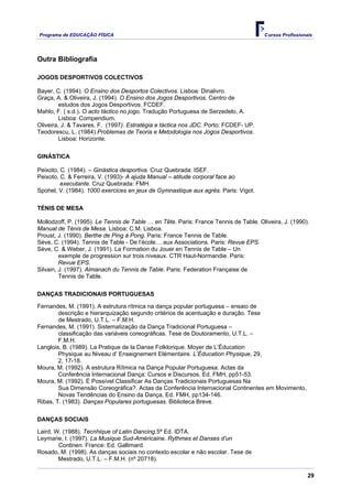 Programa de EDUCAÇÂO FÍSICA                                                           Cursos Profissionais




Outra Bibliografia

JOGOS DESPORTIVOS COLECTIVOS

Bayer, C. (1994). O Ensino dos Desportos Colectivos. Lisboa: Dinalivro.
Graça, A. & Oliveira, J. (1994). O Ensino dos Jogos Desportivos. Centro de
         estudos dos Jogos Desportivos. FCDEF.
Mahlo, F. ( s.d.). O acto táctico no jogo. Tradução Portuguesa de Serzedelo, A.
         Lisboa: Compendium.
Oliveira, J. & Tavares, F. (1997). Estratégia e táctica nos JDC. Porto: FCDEF- UP.
Teodorescu, L. (1984).Problemas de Teoria e Metodologia nos Jogos Desportivos.
         Lisboa: Horizonte.

GINÁSTICA

Peixoto, C. (1984). – Ginástica desportiva. Cruz Quebrada: ISEF.
Peixoto, C. & Ferreira, V. (1993)- A ajuda Manual – atitude corporal face ao
         executante. Cruz Quebrada: FMH.
Spohel, V. (1984). 1000 exercices en jeux de Gymnastique aux agrès. Paris: Vigot.

TÉNIS DE MESA

Mollodzoff, P. (1995). Le Tennis de Table … en Tête. Paris: France Tennis de Table. Oliveira, J. (1990).
Manual de Ténis de Mesa. Lisboa: C.M. Lisboa.
Proust, J. (1990). Berthe de Ping à Pong. Paris: France Tennis de Table.
Sève, C. (1994). Tennis de Table - De l’école… aux Associations. Paris: Revue EPS.
Sève, C. & Weber, J. (1991). La Formation du Jouer en Tennis de Table – Un
         exemple de progression sur trois niveaux. CTR Haut-Normandie. Paris:
         Revue EPS.
Silvain, J. (1997). Almanach du Tennis de Table. Paris: Federation Française de
         Tennis de Table.

DANÇAS TRADICIONAIS PORTUGUESAS

Fernandes, M. (1991). A estrutura rítmica na dança popular portuguesa – ensaio de
        descrição e hierarquização segundo critérios de acentuação e duração. Tese
        de Mestrado, U.T.L. – F.M.H.
Fernandes, M. (1991). Sistematização da Dança Tradicional Portuguesa –
        classificação das variáveis coreográficas. Tese de Doutoramento, U.T.L. –
        F.M.H.
Langlois, B. (1989). La Pratique de la Danse Folklorique. Moyer de L’Éducation
        Physique au Niveau d’ Enseignement Elémentaire. L’Éducation Physique, 29,
        2, 17-18.
Moura, M. (1992). A estrutura Rítmica na Dança Popular Portuguesa. Actas da
        Conferência Internacional Dança: Cursos e Discursos, Ed. FMH, pp51-53.
Moura, M. (1992). É Possível Classificar As Danças Tradicionais Portuguesas Na
        Sua Dimensão Coreográfica?. Actas da Conferência Internacional Continentes em Movimento,
        Novas Tendências do Ensino da Dança, Ed. FMH, pp134-146.
Ribas, T. (1983). Danças Populares portuguesas. Biblioteca Breve.

DANÇAS SOCIAIS

Laird, W. (1988). Tecnhique of Latin Dancing.5ª Ed. IDTA.
Leymarie, I. (1997). La Musique Sud-Américaine. Rythmes et Danses d’un
        Continen. France: Ed. Gallimard.
Rosado, M. (1998). As danças sociais no contexto escolar e não escolar. Tese de
        Mestrado, U.T.L. – F.M.H. (nº 20718).

                                                                                                        29
 