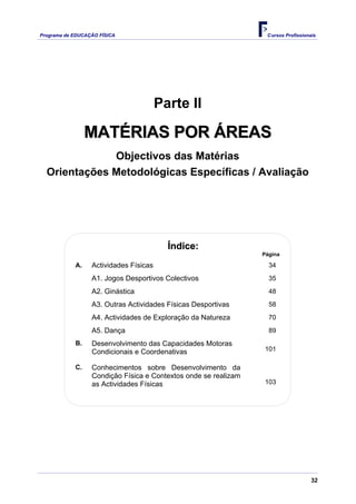Programa de EDUCAÇÂO FÍSICA                                       Cursos Profissionais




                                        Parte II

                 MATÉRIAS POR ÁREAS
              Objectivos das Matérias
  Orientações Metodológicas Específicas / Avaliação




                                          Índice:
                                                                 Página

            A.    Actividades Físicas                              34

                  A1. Jogos Desportivos Colectivos                 35

                  A2. Ginástica                                    48

                  A3. Outras Actividades Físicas Desportivas       58

                  A4. Actividades de Exploração da Natureza        70

                  A5. Dança                                        89
            B.    Desenvolvimento das Capacidades Motoras
                  Condicionais e Coordenativas                   101

            C.    Conhecimentos sobre Desenvolvimento da
                  Condição Física e Contextos onde se realizam
                  as Actividades Físicas                         103




                                                                                    32
 