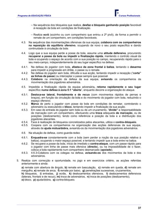 Programa de EDUCAÇÂO FÍSICA                                                         Cursos Profissionais



             − Na sequência dos bloqueios que realiza, desfaz o bloqueio ganhando posição favorável
               à recepção da bola em condições de finalização.

             − Realiza ecrã (sozinho ou com companheiro que entrou a 2ª pivô), de forma a permitir o
               remate de um companheiro, em condições favoráveis.
   4.3.     Na sequência das movimentações ofensivas da sua equipa, colabora com os companheiros
            na reposição do equilíbrio ofensivo, ocupando de novo o seu posto específico e dando
            continuidade à circulação da bola.
   4.4.     Logo que a sua equipa perde a posse da bola, assume uma atitude defensiva, procurando
            recuperar a posse da bola ou impedir a finalização rápida, mantendo o controlo visual da
            bola e ocupando o espaço de acordo com a sua posição no campo, recuperando rápido para o
            seu meio-campo, independentemente do seu lugar específico na defesa:
   4.4.1.    Na defesa do jogador com bola, afasta-o da zona frontal à baliza, tentando o desarme
             para impedir a progressão em drible, o passe ou o remate.
   4.4.2.    Na defesa do jogador sem bola, dificulta a sua acção, tentando impedir a recepção (“corta”
             as linhas de passe) ou interceptar o passe sempre que possível.
   4.4.3.    Colabora na orientação da defesa da sua equipa, avisando os companheiros da
             movimentação dos jogadores adversários.
   4.5.     Impedida a finalização rápida da equipa adversária, retoma rapidamente o seu lugar
            específico numa defesa à zona 5:1 “aberta”, enquanto decorre a organização do ataque.
   4.5.1.    Desloca-se lateral, frontalmente e de recuo (com movimentos rápidos de pernas e
             braços), em função da circulação da bola e do movimento do jogador com bola, reduzindo o
             espaço ofensivo.
   4.5.2.    Marca de perto o jogador com posse da bola em condições de rematar, controlando o
             adversário ou executando o bloco, tentando impedir a finalização da sua acção.
   4.5.3.    Em caso de entrada do jogador sem bola ou de um cruzamento, “divide” a responsabilidade
             de marcação com um companheiro, efectuando uma troca adequada de marcação, ou de
             posições (deslizamento), tendo como referência a posição da bola e a distribuição dos
             jogadores atacantes.
   4.5.4.    Face à realização de bloqueios concretizados pelos atacantes, utiliza o contra–bloqueio.
   4.5.5.    Coopera com os companheiros na organização das acções defensivas da sua equipa,
             através da ajuda mútua/dobra, avisando-os da movimentação dos jogadores adversários.
   4.6.     Na situação de defesa, como guarda-redes:
   4.6.1.    Enquadra-se constantemente com a bola (sem perder a noção da sua posição relativa à
             baliza), ocupando o maior espaço possível, e tentando impedir que a bola entre na baliza.
   4.6.2.    Se recupera a posse da bola, inicia de imediato o contra-ataque, com um passe rápido para
             o jogador com linha de passe mais ofensiva (directo), ou na impossibilidade de o fazer,
             coloca a bola rapidamente num companheiro desmarcado (apoiado).
   4.6.3.    4.6.3-Colabora com os colegas na defesa, avisando-os dos movimentos da bola e dos
             adversários.
5. Realiza com correcção e oportunidade, no jogo e em exercícios critério, as acções referidas
   anteriormente e ainda:
   a) remate com abertura de ângulo, b) remate em basculação, c) remate em queda, d) remate em
   mergulho, e) remate de anca, f) remate por baixo, g) penetrações sucessivas, cruzamentos,
   h) bloqueios, i) entradas, j) ecrãs, k) deslocamentos ofensivos, l) deslocamentos defensivos
   (laterais, frontais e de recuo), m) troca de adversários, n) troca de posições (deslizamento),
   o) bloco, p) ajuda/dobra, q) contra-bloqueio.




                                                                                                      37
 