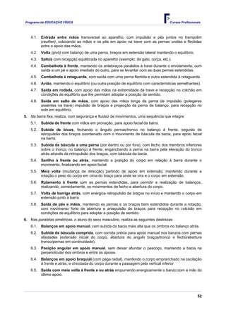 Programa de EDUCAÇÂO FÍSICA                                                          Cursos Profissionais




   4.1.   Entrada entre mãos transversal ao aparelho, com impulsão a pés juntos no trampolim
          (reuther), colocando as mãos e os pés em apoio na trave com as pernas unidas e flectidas
          entre o apoio das mãos.
   4.2.   Volta (pivô) com balanço de uma perna, braços em extensão lateral mantendo o equilíbrio.
   4.3.   Saltos com recepção equilibrada no aparelho (exemplo: de gato, corça, etc.).
   4.4.   Cambalhota à frente, mantendo os antebraços paralelos à trave durante o enrolamento, com
          saída a um pé e apoio imediato do outro, para se levantar com as duas pernas estendidas.
   4.5.   Cambalhota à retaguarda, com saída com uma perna flectida e outra estendida à retaguarda.
   4.6.   Avião, mantendo o equilíbrio (ou outra posição de equilíbrio com características semelhantes).
   4.7.   Saída em rodada, com apoio das mãos na extremidade da trave e recepção no colchão em
          condições de equilíbrio que lhe permitam adoptar a posição de sentido.
   4.8.   Saída em salto de mãos, com apoio das mãos longe da perna de impulsão (polegares
          assentes na trave) impulsão de braços e projecção da perna de balanço, para recepção no
          solo em equilíbrio.
5. Na barra fixa, realiza, com segurança e fluidez de movimentos, uma sequência que integre:
   5.1.   Subida de frente com mãos em pronação, para apoio facial da barra.
   5.2.   Subida de bicos, fechando o ângulo pernas/tronco no balanço à frente, seguido de
          retropulsão dos braços coordenado com o movimento de báscula da bacia, para apoio facial
          na barra.
   5.3.   Subida de báscula a uma perna (por dentro ou por fora), com fecho dos membros inferiores
          sobre o tronco, no balanço à frente, enganchando a perna na barra pela elevação do tronco
          atrás através da retropulsão dos braços, com báscula da bacia.
   5.4.   Sarilho à frente ou atrás, mantendo a posição do corpo em relação à barra durante o
          movimento, finalizando em apoio facial.
   5.5.   Meia volta (mudança de direcção) partindo de apoio em extensão, mantendo durante a
          rotação o peso do corpo em cima do braço para onde se vira e o corpo em extensão.
   5.6.   Rolamento à frente com as pernas estendidas, para permitir a realização de balanços,
          realizando, correctamente, os movimentos de fecho e abertura do corpo.
   5.7.   Volta de barriga atrás, com enérgica retropulsão de braços no início e mantendo o corpo em
          extensão junto à barra.
   5.8.   Saída de pés e mãos, mantendo as pernas e os braços bem estendidos durante a rotação,
          com movimento forte de abertura e antepulsão de braços para recepção no colchão em
          condições de equilíbrio para adoptar a posição de sentido.
6. Nas paralelas simétricas, o aluno do sexo masculino, realiza as seguintes destrezas:
   6.1.   Balanços em apoio manual, com subida da bacia mais alta que os ombros no balanço atrás.
   6.2.   Subida de báscula comprida, com corrida prévia para apoio manual nos banzos com pernas
          afastadas (extensão inicial do corpo, abertura do angulo braços/tronco e fecho/abertura
          tronco/pernas em continuidade).
   6.3.   Posição angular em apoio manual, sem deixar afundar o pescoço, mantendo a bacia na
          perpendicular dos ombros e entre os apoios.
   6.4.   Balanços em apoio braquial (com pega radial), mantendo o corpo empranchado na oscilação
          à frente e atrás, e chicotada do corpo durante a passagem pela vertical inferior.
   6.5.   Saída com meia volta à frente e ou atrás empurrando energicamente o banzo com a mão do
          último apoio.




                                                                                                       52
 