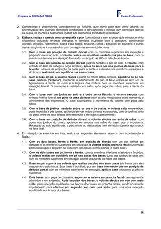 Programa de EDUCAÇÂO FÍSICA                                                         Cursos Profissionais




2. Compreende e desempenha correctamente as funções, quer como base quer como volante, na
   sincronização dos diversos elementos acrobáticos e coreográficos e efectua com correcção técnica
   as pegas, os montes e desmontes ligados aos elementos acrobáticos a executar.
3. Elabora, realiza e aprecia uma coreografia a par (com música e sem exceder dois minutos e trinta
   segundos), utilizando diversas direcções e sentidos ocupando todo o praticável, combinando
   afundos, piruetas, rolamentos, passo-troca-passo, tesouras (saltos), posições de equilíbrio e outras
   destrezas gímnicas à sua escolha, com os seguintes elementos técnicos:
   3.1.   Com o base em posição de deitado dorsal com os membros superiores em elevação e
          perpendiculares ao solo, o volante realiza um equilíbrio sentado nos pés do base, com os
          membros inferiores em elevação formando um ângulo de 90º em relação ao tronco.
   3.2.   Com o base em posição de deitado dorsal, joelhos flectidos e pés no solo, o volante (com
          entrada do lado da cabeça e pega simples), apoia os seus pés nos joelhos do base para o
          levantar, através da projecção da bacia para a frente e extensão dos membros superiores e
          do tronco, realizando um equilíbrio nas suas coxas.
   3.3.   Com o base em pé, o volante realiza a partir do monte lateral simples, equilíbrio de pé nos
          seus ombros (“coluna”), mantendo o alinhamento do par. O base coloca-se com um pé
          ligeiramente à frente do outro e à largura dos ombros com os membros superiores em
          elevação lateral. O desmonte é realizado em salto, após pega das mãos, para a frente do
          base.
   3.4.   Com o base com um joelho no solo e a outra perna flectida, o volante executa com
          entrada inferior lateral, um pino na coxa do base (com o peito virado para este), mantendo o
          alinhamento dos segmentos. O base acompanha o movimento do volante com pega pela
          bacia.
   3.5.   Com o base de joelhos, sentado sobre os pés e de costas, o volante salta entre-mãos,
          após impulsão a pés juntos, apoiando-se nas mãos do base e passando, com os joelhos junto
          ao peito, entre os seus braços (em extensão e elevados superiormente).
   3.6.   Com o base em posição de deitado dorsal, o volante efectua um salto de mãos (com
          apoio nos joelhos do base), apoiando os ombros nas mãos do base, que o impulsiona.
          Recepção ao solo equilibrada, a pés juntos ou destacados com elevação superior dos braços
          na fase final.
4. Em situação de exercício em trios, realiza os seguintes elementos técnicos com coordenação e
   fluidez:
   4.1.   Com os dois bases, frente a frente, em posição de afundo com um dos joelhos em
          contacto e os membros superiores em elevação, o volante realiza prancha facial sustentado
          pelos bases que o seguram no peito (um dos bases) e nos joelhos (o outro base).
   4.2.   Com os dois bases em pé, frente a frente, com os membros inferiores afastados e flectidos,
          o volante realiza um equilíbrio em pé nas coxas dos bases, junto aos joelhos de cada um,
          com os membros superiores em elevação lateral segurando as mãos dos bases.
   4.3.   Base em pé, suporta um volante que realiza um pino nas suas coxas (de frente para ele)
          segurando-o pela bacia. Este base é auxiliado por um base intermédio que em posição de
          deitado dorsal, com os membros superiores em elevação, apoia o base colocando os pés na
          sua bacia.
   4.4.   Dois bases, com pega de cotovelos, suportam o volante em prancha facial com segmentos
          alinhados e em extensão. Após impulso dos bases, o volante efectua um voo com meia
          volta, para recepção equilibrada nos braços dos bases em prancha dorsal, sendo novamente
          impulsionado para efectuar um segundo voo com uma volta, para uma nova recepção
          equilibrada nos braços dos bases.




                                                                                                      56
 