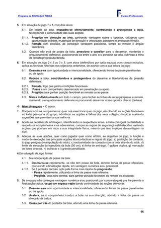 Programa de EDUCAÇÂO FÍSICA                                                             Cursos Profissionais



5. Em situação de jogo 1 x 1, com dois alvos:
    5.1.     De posse da bola, enquadra-se ofensivamente, controlando e protegendo a bola,
             favorecendo a continuidade das suas acções:
    5.1.1.    Progride em direcção ao alvo, ganhando vantagem sobre o opositor, utilizando com
              oportunidade o drible, mudanças de direcção e velocidade, paragens e arranques (fintas).
    5.1.2.    Remata com precisão, ao conseguir vantagem posicional, tempo de remate e ângulo
              favoráveis.
    5.2.     Quando não está de posse da bola, pressiona o opositor para o desarmar, mantendo o
             enquadramento defensivo, posicionando-se entre o alvo e o portador da bola, cobrindo a linha
             de remate/progressão directa.
6. Em situação de jogo 2 x 2 ou 3 x 3, com alvos (defendidos por cada equipa), num campo reduzido,
   aplica as técnicas referidas nos objectivos anteriores, de acordo com a sua leitura do jogo:
    6.1.     Desmarca-se com oportunidade e intencionalidade, oferecendo linhas de passe penetrantes
             ou de apoio.
    6.2.     Recebe a bola, controlando-a e protegendo-a do desarme e libertando-se da pressão
             defensiva:
    6.2.1.    Remata, logo que ganha condições favoráveis.
    6.2.2.    Passa a um companheiro desmarcado em penetração ou apoio.
    6.2.3.    Progride para ganhar posição favorável ao remate ou ao passe.
    6.3.     Marca individualmente em todo o campo, para fechar as linhas de recepção/passe e remate,
             mantendo o enquadramento defensivo e procurando desarmar o seu opositor directo (defesa).

    Nível Avançado – O aluno:
1. Coopera com os companheiros, quer nos exercícios quer no jogo, escolhendo as acções favoráveis
   ao êxito pessoal e do grupo, admitindo as opções e falhas dos seus colegas, dando e aceitando
   sugestões que permitam a sua melhoria.
2. Aceita as decisões da arbitragem, identificando os respectivos sinais, e trata com igual cordialidade e
   respeito os companheiros e os adversários, cumpre as regras de segurança estabelecidas, evitando
   acções que ponham em risco a sua integridade física, mesmo que isso implique desvantagem no
   jogo.
3. Adequa as suas acções, quer como jogador quer como árbitro, ao objectivo do jogo, à função e
   modo de execução das principais acções técnico-tácticas e regras do jogo: a) proibição de contacto,
   b) jogo perigoso (manipulação do stick), c) exclusividade de contacto com a bola através do stick, d)
   limite de elevação da trajectória da bola (50 cm), e) linha de anti-jogo, f) golpes duplos, g) marcação
   de livres directos, h) indirecto e i) grande penalidade.
4.Em situação de jogo formal:
    4.1.     Na recuperação da posse da bola:
    4.1.1.    Desmarca-se rapidamente, se não tem posse da bola, abrindo linhas de passe ofensivas,
              procurando a finalização rápida, em vantagem numérica e/ou posicional.
    4.1.2.    Se é portador da bola, opta pela forma mais rápida de progressão:
              − Passa rapidamente, utilizando a linha de passe mais ofensiva.
              − Progride, pela zona central, para ganhar posição favorável ao remate ou ao passe.
5. Se a equipa não consegue vantagem numérica e/ou posicional (por contra-ataque) que lhe permita a
   finalização rápida, ocupa um espaço vazio dando continuidade às acções ofensivas:
    5.1.     Desmarca-se com oportunidade e intencionalidade, oferecendo linhas de passe penetrantes
             ou de apoio.
    5.2.     Acelera, se o companheiro conduz a bola na sua direcção, abrindo a linha de passe na
             direcção da baliza.
    5.3.     Cruza por trás do portador da bola, abrindo uma linha de passe ofensiva.


                                                                                                          66
 