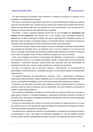 Programa de EDUCAÇÃO FÍSICA                                                               Cursos Profissionais



 Por desenvolvimento da Educação Física entende-se a influência do programa na elevação da sua
qualidade e na ampliação dos seus efeitos.
 Com efeito, a diminuição da carga horária disponível nos cursos profissionais em relação aos restantes
cursos de nível secundário, isto é, de três horas por semana, para metade (duas sessões de 45 minutos),
implica que haja diferenciação quer nos objectivos por ciclo formativo/áreas, quer nos objectivos por
matérias e, consequentemente, nas referências para a avaliação.
 No entanto, o quadro conceptual adoptado permite não só que os alunos se aperfeiçoem nas
matérias da sua preferência, mas também que, no seu conjunto, essas actividades apresentem,
globalmente, um efeito de elevação da aptidão física geral e desenvolvimento multilateral do aluno, nos
diferentes modos de prática, de operação cognitiva e de interacção pessoal, característicos das áreas de
Educação Física representadas no quadro de extensão curricular, acima apresentado.
 Por outro lado, tal quadro exige que seja seguido o princípio, já adoptado na aplicação da generalidade
dos programas de Educação Física, que determina que os níveis de exigência do currículo real dos
alunos e a duração e periodização das actividades (matérias) sejam definidos pelo professor no plano de
turma, a partir da avaliação inicial e tendo por referência os objectivos do ciclo de formação.
 Assim, esta concepção concretiza-se na apropriação das habilidades e conhecimentos, na elevação
das capacidades do aluno e na formação das aptidões, atitudes e valores (bens de personalidade que
representam o rendimento educativo), proporcionadas pela exploração das suas possibilidades de
actividade física adequada - intensa, saudável, gratificante e culturalmente significativa.
 De facto, os programas não se estruturam segundo o fraccionamento de domínios/áreas da
personalidade, considerando-se que a actividade dos alunos e os seus efeitos integram necessariamente
esses domínios.
 Os aspectos específicos do desenvolvimento (cognitivo, motor e sócio-afectivo) encontram-se
relacionados nessas actividades, surgindo integrados quer ao nível mais genérico (finalidades, objectivos
de ciclo e orientações metodológicas), quer ao nível mais pormenorizado (objectivos por matérias).
 Pretende-se com esta opção que fiquem mais evidentes as linhas de desenvolvimento e de percurso
pessoal do aluno ao longo dos diferentes anos de escolaridade, bem como facilitada a estruturação do
trabalho a realizar pelos professores.
 Nas orientações metodológicas constantes da primeira parte do programa incluem-se os princípios e
regras gerais a observar na estratégia pedagógica e organização da actividade educativa nas aulas de
Educação Física. Orientações metodológicas específicas, relativamente a cada área, serão apresentadas
na segunda parte do programa.
 Na linha de preocupação antes referida, de suscitar uma dinâmica de desenvolvimento do currículo
real, entende-se ser ao nível das grandes opções estratégicas de estruturação da disciplina que reside o
móbil mais acentuado de garantia da sua qualidade.
 Considera-se que a selecção dos objectivos de aprendizagem e a aplicação dos processos formativos,
de aprendizagem e treino, são objecto de deliberação pedagógica ao nível da realidade educativa
concreta, cujas limitações e possibilidades particulares só podem ser apreciadas pelo próprio professor.




                                                                                                             6
 