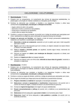 Programa de EDUCAÇÂO FÍSICA                                                         Cursos Profissionais




                           CICLOCROSSE / CICLOTURISMO

   Nível Introdução – O aluno:
1. Coopera com os companheiros, no cumprimento das normas de segurança estabelecidas, na
   preservação e arrumação do material, aceitando as indicações que lhe dirigem.
2. Conhece os elementos que compõem a bicicleta e as respectivas funções e utiliza esse
   conhecimento na preparação, manutenção e utilização da bicicleta:
   − regula a altura do selim e do guiador;
   − desmonta e monta a corrente da roda pedaleira;
   − muda pneus e remenda-os se necessário;
   − muda e afina os calços dos travões.
3. Conhece e cumpre as regras de trânsito, de acordo com o código da estrada para velocípedes sem
   motor, satisfazendo as exigências para a atribuição da respectiva licença de condução.
4. Cumpre um percurso em bicicleta, num trajecto e limite de tempo previamente estabelecidos,
   realizando com equilíbrio e coordenação as habilidades:
   4.1.   Desmonta e monta em andamento, apoiando um pé no pedal, quer para o lado esquerdo
          quer para o direito.
   4.2.   Agarra, quer com a mão esquerda quer com a direita, um objecto colocado num plano inferior
          e coloca-o num plano elevado.
   4.3.   Trava e mantém a bicicleta parada, em equilíbrio, durante algum tempo, retomando de
          seguida o andamento.
   4.4.   Percorre um trajecto em slalom, com mudanças de direcção à esquerda e à direita, sem
          perder velocidade.
   4.5.   Realiza um trajecto em oito num espaço reduzido.
   4.6.   Percorre um trajecto curto e em linha recta, retirando as duas mãos do guiador, mantendo a
          direcção e a segurança.

   Nível Elementar – O aluno:
1. Coopera com os companheiros, no cumprimento das normas de segurança estabelecidas, na
   preservação e arrumação do material, aceitando e dando sugestões que permitam a melhoria das
   suas prestações.
2. Conhece os elementos que compõem a bicicleta e as respectivas funções e utiliza esse
   conhecimento na preparação, manutenção e utilização da bicicleta.
3. Conhece e cumpre as regras de trânsito, conforme o código da estrada para velocípedes sem motor.
4. Numa viagem de bicicleta que integre percursos de distâncias e características diversas:
   4.1.   Prepara a bicicleta e o material de reparação e manutenção necessário.
   4.2.   Selecciona e arruma o equipamento e mantimentos indispensáveis e de acordo com o
          número de horas da viagem, o estado do tempo e as características do percurso.
   4.3.   Cumpre as regras de segurança e de viagem em grupo estabelecidas.
   4.4.   Doseia convenientemente o esforço de acordo com a distância e as características dos
          percursos.
   4.5.   Selecciona de forma adequada o que comer e beber e os momentos para o fazer.
   4.6.   Selecciona (“joga”) de forma adequada a roda pedaleira e carretos, de acordo com os
          acidentes de terreno.



                                                                                                      74
 