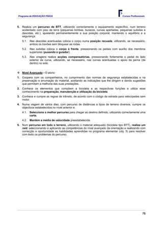 Programa de EDUCAÇÂO FÍSICA                                                       Cursos Profissionais




5. Realiza um percurso de BTT, utilizando correctamente o equipamento específico, num terreno
   acidentado com piso de terra (pequenas lombas, buracos, curvas apertadas, pequenas subidas e
   descidas, etc.), ajustando permanentemente a sua posição corporal, mantendo o equilíbrio e a
   segurança:
   5.1.   Nas descidas acentuadas coloca o corpo numa posição recuada, utilizando, se necessário,
          ambos os travões sem bloquear as rodas.
   5.2.   Nas subidas coloca o corpo à frente, pressionando os pedais com auxílio dos membros
          superiores (puxando o guiador).
   5.3.   Nas viragens realiza acções compensatórias, pressionando fortemente o pedal do lado
          exterior da curva, utilizando, se necessário, nas curvas acentuadas o apoio da perna (de
          dentro) no solo.


   Nível Avançado - O aluno:
1. Coopera com os companheiros, no cumprimento das normas de segurança estabelecidas e na
   preservação e arrumação do material, aceitando as indicações que lhe dirigem e dando sugestões
   que permitam a melhoria das suas prestações.
2. Conhece os elementos que compõem a bicicleta e as respectivas funções e utiliza esse
   conhecimento na preparação, manutenção e utilização da bicicleta.
3. Conhece e cumpre as regras de trânsito, de acordo com o código da estrada para velocípedes sem
   motor.
4. Numa viagem de vários dias, com percurso de distâncias e tipos de terreno diversos, cumpre os
   objectivos estabelecidos no nível anterior e:
   4.1.   Selecciona o melhor percurso para chegar ao destino definido, utilizando correctamente uma
          carta.
   4.2.   Mantém a média de velocidade preestabelecida.
5. Num percurso em todo o terreno, utilizando o material adequado (bicicleta tipo BTT), realiza um
   raid, seleccionando e aplicando as competências do nível avançado da orientação e realizando com
   correcção e oportunidade as habilidades aprendidas no programa elementar (obj. 5) para resolver
   com êxito os problemas do percurso.




                                                                                                    75
 
