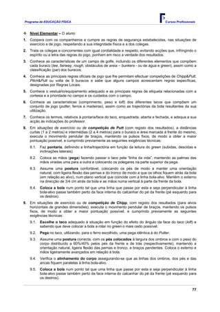 Programa de EDUCAÇÂO FÍSICA                                                             Cursos Profissionais


   Nível Elementar – O aluno:
1. Coopera com os companheiros e cumpre as regras de segurança estabelecidas, nas situações de
   exercício e de jogo, respeitando a sua integridade física e a dos colegas.
2. Trata os colegas e concorrentes com igual cordialidade e respeito, evitando acções que, infringindo o
   espírito ou a letra das regras do jogo, ponham em risco a verdade dos resultados.
3. Conhece as características de um campo de golfe, incluindo os diferentes elementos que compõem
   cada buraco (tee, fairway, rough, obstáculos de areia – bunkers - ou de água e green), assim como a
   classificação (par) dos buracos.
4. Conhece as principais regras oficiais de jogo que lhe permitam efectuar competições de Chipp&Putt,
   Pitch&Putt ou volta de 9 buracos e sabe que alguns campos acrescentam regras específicas,
   designadas por Regras Locais.
5. Conhece o vestuário/equipamento adequado e as principais regras de etiqueta relacionadas com a
   cortesia e a prioridade no campo e os cuidados com o campo.
6. Conhece as características (comprimento, peso e loft) dos diferentes tacos que compõem um
   conjunto de jogo (putter, ferros e madeiras), assim como as trajectórias da bola resultantes da sua
   utilização.
7. Conhece os termos, relativos à pontaria/face do taco, enquadrada, aberta e fechada, e adequa a sua
   acção às indicações do professor.
8. Em situações de exercício ou de competição de Putt (com registo dos resultados), a distâncias
   curtas (1 a 2 metros) e intermédias (2 a 4 metros) para o buraco e área marcada à frente do mesmo,
   executa o movimento pendular de braços, mantendo os pulsos fixos, de modo a obter a maior
   pontuação possível, e cumprindo previamente as seguintes exigências técnicas:
    8.1.   Faz pontaria, definindo a linha/trajectória em função da leitura do green (subidas, descidas e
           inclinações laterais).
    8.2.   Coloca as mãos (pega) fazendo passar o taco pela “linha da vida”, mantendo as palmas das
           mãos viradas uma para a outra e colocando os polegares na parte superior da pega.
    8.3.   Assume uma postura confortável, colocando os pés de modo a manter uma orientação
           natural, com ligeira flexão das pernas e do tronco de modo a que os olhos fiquem atrás da bola
           (em relação ao alvo), num plano vertical que coincide com a linha bola-alvo. Mantém o externo
           na direcção de 3/4 cm atrás da bola e as mãos numa vertical à parte da frente da bola.
    8.4.   Coloca a bola num ponto tal que uma linha que passe por esta e seja perpendicular à linha
           bola-alvo passe também perto da face interna do calcanhar do pé da frente (pé esquerdo para
           os destros).
9. Em situações de exercício ou de competição de Chipp, com registo dos resultados (para alvos
   horizontais de grandes dimensões), executa o movimento pendular de braços, mantendo os pulsos
   fixos, de modo a obter a maior pontuação possível, e cumprindo previamente as seguintes
   exigências técnicas:
   9.1.    Escolhe o taco adequado à situação em função do efeito do ângulo da face do taco (loft) e
           sabendo que deve colocar a bola a rolar no green o mais cedo possível.
   9.2.    Pega no taco, utilizando, para o ferro escolhido, uma pega idêntica à do Putter.
   9.3.    Assume uma postura correcta, com os pés colocados à largura dos ombros e com o peso do
           corpo distribuído a 60%/40% pelos pés da frente e de trás (respectivamente), mantendo a
           orientação natural, ligeira flexão das pernas e tronco, e braços pendentes. Coloca o externo e
           mãos ligeiramente avançados em relação à bola.
   9.4.    Verifica o alinhamento do corpo assegurando-se que as linhas dos ombros, dos pés e das
           ancas fiquem paralelas à linha bola-alvo.
   9.5.    Coloca a bola num ponto tal que uma linha que passe por esta e seja perpendicular à linha
           bola-alvo passe também perto da face interna do calcanhar do pé da frente (pé esquerdo para
           os destros).


                                                                                                          77
 