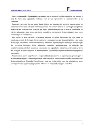 Programa de EDUCAÇÃO FÍSICA                                                           Cursos Profissionais



 Assim, no Quadro 2 – Composição Curricular – que se apresenta na página seguinte, não aparece a
área de «treino das capacidades motoras», nem as que representam os «conhecimentos» e as
«atitudes».
 Segue-se o princípio de que essas áreas deverão ser tratadas não só como características ou
elementos intrínsecos à actividade motora dos alunos, mas também através da exercitação e exigências
específicas em todas as aulas, qualquer que seja a matéria/tema principal da aula (e, obviamente, de
maneira adequada a esse tema, quer como condição ou complemento de aprendizagem, quer como
compensação ou «contraste»).
 Para apoiar as suas decisões, o professor encontra na própria formulação dos dois níveis de
objectivos, por ciclo de formação (transversalmente a todas as áreas, por áreas obrigatórias e por áreas
de opção) e por matérias (dentro de cada área), referências importantes para a selecção e organização
dos   processos   formativos.   Estas   referências   consistem,   respectivamente,   na   indicação   das
características da actividade apropriada à expressão das capacidades (objectivos por áreas) e da forma
das situações de prática propícias ao aperfeiçoamento e prova das competências específicas (objectivos
por matéria).
 Reconhece-se, assim, ao professor, a responsabilidade de escolher os objectivos de aprendizagem e
as soluções pedagógica e metodologicamente mais adequadas, investindo as competências profissionais
da especialidade de Educação Física Escolar, para que os benefícios reais da actividade do aluno
correspondam aos objectivos do programa, utilizando os meios atribuídos para esse efeito.




                                                                                                         7
 