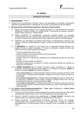 Programa de EDUCAÇÂO FÍSICA                                                           Cursos Profissionais



                                              A5. DANÇA

                                         DANÇAS SOCIAIS
     Nível Introdução – O aluno:
1. Coopera com os companheiros, incentiva e apoia a sua participação na actividade, apresentando
   sugestões de aperfeiçoamento e considerando, por seu lado, as propostas que lhe são dirigidas.
2.   Nas danças latino-americanas/não progressivas - Merengue e Rumba quadrada:
     2.1.   Mantém uma postura natural, com a cabeça levantada e no enquadramento dos ombros
            distinguindo “Posição Fechada” de “Posição Aberta” e identificando as posições relativas e
            pegas a utilizar quando em ”Posição Aberta”;
     2.2.   Realiza sequências de passos/figuras dominando princípios básicos de condução,
            nomeadamente para início e final de volta, identificando o elevar do braço da pega como sinal
            de início e o baixar como o final da mesma, tanto no papel de “condutor” como de “seguidor”;
     2.3.   Selecciona com antecipação, do reportório desenvolvido, os passos/figuras a executar à sua
            vontade e mediante a disponibilidade de espaço, mantendo a estrutura rítmica das seguintes
            danças;
     2.3.1. O MERENGUE: em situação de “Line Dance” com a organização espacial definida e em
            situação de dança a pares, acentuando o 1º tempo do compasso e fazendo coincidir cada
            passo a um tempo, realiza sequências de passos:
            − No lugar e progredindo à frente e atrás;
            − Laterais à direita e à esquerda alternados com junção de apoios;
            − Cruzados pela frente ou por trás;
            − À frente e atrás com o mesmo apoio, alternados com transferências de peso do outro apoio
             no lugar;
            − Executando voltas à direita e à esquerda;
            − Executando agrupamentos de passos em número previamente definido (por exemplo em
             grupos de 4 ou 8 tempos);
     2.3.2. A RUMBA QUADRADA (I): em situação de dança a pares, acentuando o 1º tempo do
            compasso e mantendo a estrutura rítmica: Lento (1º e 2º tempos do compasso), Rápido (3º
            tempo do compasso), Rápido (4º tempo do compasso):
            − Realiza Passo básico em “Posição Fechada” fazendo coincidir os passos em frente e atrás
              ao ritmo Lento e os laterais (sem ultrapassar a largura dos ombros) e junção de apoios ao
              ritmo Rápido;
            − Realiza Passos progressivos em “Posição Fechada” em frente sem volta ou virando até ¼
              de volta para a esquerda ou para a direita, mantendo a posição relativa com o par que
              simultaneamente executa os passos progressivos atrás;
            − Realiza Volta e Contravolta em “Posição Aberta pega E-D” mantendo o elemento masculino
              a mesma frente enquanto o elemento feminino executa uma volta à direita seguida de uma
              volta à esquerda;
3. Nas Danças Sociais Modernas/progressivas – Valsa Lenta (simplificada) e Foxtrot Social
   (simplificado), em situação de dança a pares:
     3.1.   Domina a noção de alinhamento espacial distinguindo os pontos referenciais do espaço físico
            e identificando “sentido inverso” como o sentido obrigatório em danças progressivas;
     3.2.   Domina e mantém no decorrer dos passos/figuras a “Posição Fechada”, mantendo uma
            postura natural, com a cabeça levantada e no enquadramento dos ombros;
     3.3.   Realiza sequências de passos/figuras dominando princípios básicos de condução,
            nomeadamente para mudanças de sentido e de direcção tanto no papel de “condutor”
            (atempadamente e de forma precisa) como de “seguidor” (sem se antecipar às acções do
            outro);

                                                                                                        91
 