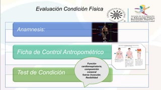 Evaluación Condición Física
Anamnesis:
Ficha de Control Antropométrico
Test de Condición
Función
cardiorespiratoria,
composición
corporal
fuerza muscular,
flexibilidad
 