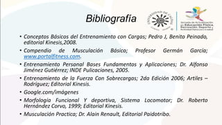 Bibliografía
• Conceptos Básicos del Entrenamiento con Cargas; Pedro J, Benito Peinado,
editorial Kinesis,2008.
• Compendio de Musculación Básico; Profesor Germán García;
www.portalfitness.com.
• Entrenamiento Personal Bases Fundamentos y Aplicaciones; Dr. Alfonso
Jiménez Gutiérrez; INDE Pulicaciones, 2005.
• Entrenamiento de la Fuerza Con Sobrecargas; 2da Edición 2006; Artiles –
Rodríguez; Editorial Kinesis.
• Google.com/imágenes
• Morfología Funcional Y deportiva, Sistema Locomotor; Dr. Roberto
Hernández Corvo, 1999; Editorial Kinesis.
• Musculación Practica; Dr. Alain Renault, Editorial Paidotribo.
 