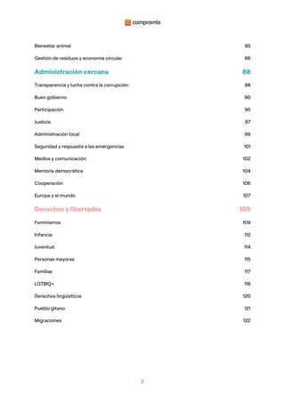 2
Bienestar animal 85
Gestión de residuos y economía circular 86
Administración cercana 88
Transparencia y lucha contra la corrupción: 88
Buen gobierno 90
Participación 95
Justicia 97
Administración local 99
Seguridad y respuesta a las emergencias 101
Medios y comunicación 102
Memoria democrática 104
Cooperación 106
Europa y el mundo 107
Derechos y libertades 109
Feminismos 109
Infancia 112
Juventud 114
Personas mayores 115
Familias 117
LGTBIQ+ 118
Derechos lingüísticos 120
Pueblo gitano 121
Migraciones 122
 