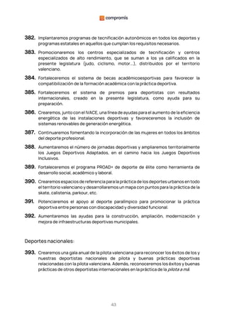 43
382. Implantaremos programas de tecnificación autonómicos en todos los deportes y
programas estatales en aquellos que cumplan los requisitos necesarios.
383. Promocionaremos los centros especializados de tecnificación y centros
especializados de alto rendimiento, que se suman a los ya calificados en la
presente legislatura (judo, ciclismo, motor...), distribuidos por el territorio
valenciano.
384. Fortaleceremos el sistema de becas académicoesportivas para favorecer la
compatibilización de la formación académica con la práctica deportiva.
385. Fortaleceremos el sistema de premios para deportistas con resultados
internacionales, creado en la presente legislatura, como ayuda para su
preparación.
386. Crearemos, junto con el IVACE, una línea de ayudas para el aumento de la eficiencia
energética de las instalaciones deportivas y favoreceremos la inclusión de
sistemas renovables de generación energética.
387. Continuaremos fomentando la incorporación de las mujeres en todos los ámbitos
del deporte profesional.
388. Aumentaremos el número de jornadas deportivas y ampliaremos territorialmente
los Juegos Deportivos Adaptados, en el camino hacia los Juegos Deportivos
Inclusivos.
389. Fortaleceremos el programa PROAD+ de deporte de élite como herramienta de
desarrollo social, académico y laboral.
390. Crearemos espacios de referencia para la práctica de los deportes urbanos en todo
el territorio valenciano y desarrollaremos un mapa con puntos para la práctica de la
skate, calistenia, parkour, etc.
391. Potenciaremos el apoyo al deporte paralímpico para promocionar la práctica
deportiva entre personas con discapacidad y diversidad funcional.
392. Aumentaremos las ayudas para la construcción, ampliación, modernización y
mejora de infraestructuras deportivas municipales.
Deportes nacionales:
393. Crearemos una gala anual de la pilota valenciana para reconocer los éxitos de los y
nuestras deportistas nacionales de pilota y buenas prácticas deportivas
relacionadas con la pilota valenciana. Además, reconoceremos los éxitos y buenas
prácticas de otros deportistas internacionales en la práctica de la pilota a mà.
 