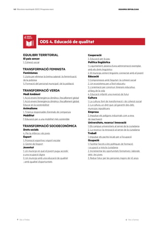 Ves a l’índex Ves a l’annex
ESQUERRA REPUBLICANA
149 Eleccions municipals 2023 | Programa marc
EQUILIBRI TERRITORIAL
El país sencer
1. Cohesió social
TRANSFORMACIÓ FEMINISTA
Feminismes
1. Lluita per eliminar la bretxa salarial i la feminització
de la pobresa
5. Formació del personal municipal i de la població
TRANSFORMACIÓ VERDA
Medi Ambient
1. Acció envers l’emergència climàtica i l’escalfament global
1. Acció envers l’emergència climàtica i l’escalfament global:
Educar en la sostenibilitat
Animalisme
1. Tinença responsable d’animals de companyia
Mobilitat
7. Educació per a una mobilitat més sostenible
TRANSFORMACIÓ SOCIOECONÒMICA
Drets socials
4. Per la infància i els joves
Esport
1. Promoció esportiva i esport escolar
2. Gestió de l’esport
Joventut
1. Un municipi en què el jovent pugui accedir
a una ocupació digna
3. Un municipi amb una educació de qualitat
i amb igualtat d’oportunitats
Cooperació
3. Educació per la pau
Política lingüística
1. L’ajuntament, jàssera d’una administració exemplar
amb els drets lingüístics
2. El municipi, entorn lingüístic connectat amb el jovent
Educació
1. Compromesos amb l’equitat i la cohesió social
2. Un ecosistema per a l’èxit educatiu
3. L’orientació per construir itineraris educatius
al llarg de la vida
4. Educació infantil: una inversió de futur
Cultura
1. La cultura, font de transformació i de cohesió social
2. La cultura, un dret que cal garantir des dels
municipis republicans
Empresa
3. Impulsar els polígons industrials com a eina
de reactivació
Universitats, recerca i innovació
1. Els campus universitaris al servei de la ciutadania
2. La recerca i la innovació al servei de la ciutadania
Treball
1. Impulsar els pactes locals per a l’ocupació
Ocupació
1. Facilitar l’accés a les polítiques de formació
i ocupació a tota la ciutadania
2. Incrementar les oportunitats formatives i laborals
dels i les joves
3. Reduir l’atur per les persones majors de 45 anys
ODS 4. Educació de qualitat
 
