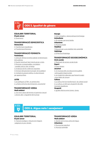 Ves a l’índex
ESQUERRA REPUBLICANA
150 Eleccions municipals 2023 | Programa marc
EQUILIBRI TERRITORIAL
El país sencer
6. Governança
TRANSFORMACIÓ DEMOCRÀTICA
Democràcia
3. Transformació republicana:
a) Transformació feminista
TRANSFORMACIÓ FEMINISTA
Feminismes
1. Lluita per eliminar la bretxa salarial i la feminització
de la pobresa
2. Equitat menstrual. Salut menstrual per a totes
3. Municipis corresponsables, conciliadors
i amables amb la vida i el temps
4. Erradicació de les violències masclistes
5. Formació del personal municipal i de la població
6. Combatre la pressió estètica i la discriminació
per aparença física
LGTBI
1. Les polítiques LGTBI+, en primera línia
2. La lluita contra les discriminacions, una prioritat
TRANSFORMACIÓ VERDA
Medi ambient
2. Una nova cultura del territori: el patrimoni natural
i cultural, valor i singularitat del municipi
Energia
3. Drets energètics i democratització de l’energia
Animalisme
4. Els animals, part de la família
Urbanisme
6. Municipi amable
Mobilitat
7. Educació per a una mobilitat més sostenible
Habitatge
2. El Pla local d’habitatge
TRANSFORMACIÓ SOCIOECONÒMICA
Drets socials
2. Repensant els serveis socials locals
Esport
7. Esport femení
Joventut
3. Un municipi amb una educació de qualitat
i amb igualtat d’oportunitats
4. Un model d’oci alternatiu que fomenti la salut
i nous hàbits de consum
Cultura
1. La cultura, font de transformació i de cohesió social
2. La cultura, un dret que cal garantir des dels
municipis republicans
Ocupació
4. Igualtat efectiva entre homes i dones
EQUILIBRI TERRITORIAL
El país sencer
5. Transició ecològica i mesures de mitigació
i adaptació al canvi climàtic
TRANSFORMACIÓ VERDA
Medi ambient
4. Apostar per la nova cultura de l’aigua
Urbanisme
2. Municipi ben planificat
4. Municipi sostenible
ODS 5. Igualtat de gènere
ODS 6. Aigua neta i sanejament
 