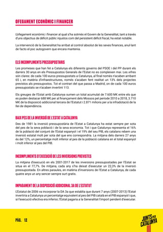 12PÀG.
OFEGAMENT ECONÒMIC I FINANCER
L’ofegament econòmic i financer al qual s’ha sotmès el Govern de la Generalitat, tant a través
d’uns objectius de dèficit públic injustos com del persistent dèficit fiscal, ha estat notable.
La intervenció de la Generalitat ha arribat al control absolut de les seves finances, anul·lant
de facto el poc autogovern que encara mantenia.
ELS INCOMPLIMENTS PRESSUPOSTARIS
Les promeses que han fet a Catalunya els diferents governs del PSOE i del PP durant els
darrers 30 anys en els Pressupostos Generals de l’Estat no es compleixen mai. Les xifres
són clares: de cada 100 euros pressupostats a Catalunya, al final només n’acaben arribant
65 i, en matèria d’infraestructures, només s’acaben fent realitat un 13% dels projectes
previstos als pressupostos. Tot el contrari del que passa a Madrid, on de cada 100 euros
pressupostats se n’acaben invertint 113.
Els greuges de l’Estat amb Catalunya sumen un total acumulat de 7.600 M€ entre els que
es poden destacar 688 M€ per al finançament dels Mossos pel període 2010 a 2018, 3.710
M€ de la disposició addicional tercera de l’Estatut i 2.871 milions per a la infradotació de la
llei de dependència.
BAIX PES DE LA INVERSIÓ DE L’ESTAT A CATALUNYA
Des de 1981 la inversió pressupostària de l’Estat a Catalunya ha estat sempre per sota
del pes de la seva població i de la seva economia. Tot i que Catalunya representa el 16%
de la població del conjunt de l’Estat espanyol i el 19% del seu PIB, els catalans rebem una
inversió estatal molt per sota del que ens correspondria. La mitjana dels darrers 27 anys
és del 12%, un percentatge molt inferior al pes de la població catalana en el total espanyol
i molt inferior al pes del PIB.
INCOMPLIMENTS D’EXECUCIÓ DE LES INVERSIONS PREVISTES
La mitjana d’execució en els 2001-2017 de les inversions pressupostades per l’Estat se
situa en el 77,7%. De mitjana, cada any s’ha deixat d’executar un 22,3% de la inversió
pressupostada. En altres paraules, en matèria d’inversions de l’Estat a Catalunya, de cada
quatre anys un any sencer sempre surt gratis.
IMPAGAMENT DE LA DISPOSICIÓ ADDICIONAL 3A DE L’ESTATUT
L’Estatut de 2006 va incorporar la DA 3a que establia que durant 7 anys (2007-2013) l’Estat
invertiria a Catalunya un percentatge equivalent al pes del PIB català en el PIB espanyol i que,
si l’execució efectiva era inferior, l’Estat pagaria a la Generalitat l’import pendent d’executar.
 