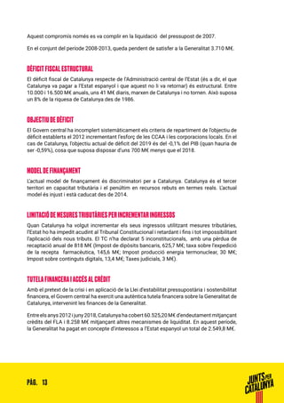 13PÀG.
Aquest compromís només es va complir en la liquidació del pressupost de 2007.
En el conjunt del període 2008-2013, queda pendent de satisfer a la Generalitat 3.710 M€.
DÈFICIT FISCAL ESTRUCTURAL
El dèficit fiscal de Catalunya respecte de l’Administració central de l’Estat (és a dir, el que
Catalunya va pagar a l’Estat espanyol i que aquest no li va retornar) és estructural. Entre
10.000 i 16.500 M€ anuals, uns 41 M€ diaris, marxen de Catalunya i no tornen. Això suposa
un 8% de la riquesa de Catalunya des de 1986.
OBJECTIU DE DÈFICIT
El Govern central ha incomplert sistemàticament els criteris de repartiment de l’objectiu de
dèficit establerts el 2012 incrementant l’esforç de les CCAA i les corporacions locals. En el
cas de Catalunya, l’objectiu actual de dèficit del 2019 és del -0,1% del PIB (quan hauria de
ser -0,59%), cosa que suposa disposar d’uns 700 M€ menys que el 2018.
MODEL DE FINANÇAMENT
L’actual model de finançament és discriminatori per a Catalunya. Catalunya és el tercer
territori en capacitat tributària i el penúltim en recursos rebuts en termes reals. L’actual
model és injust i està caducat des de 2014.
LIMITACIÓ DE MESURES TRIBUTÀRIES PER INCREMENTAR INGRESSOS
Quan Catalunya ha volgut incrementar els seus ingressos utilitzant mesures tributàries,
l’Estat ho ha impedit acudint al Tribunal Constitucional i retardant i fins i tot impossibilitant
l’aplicació dels nous tributs. El TC n’ha declarat 5 inconstitucionals, amb una pèrdua de
recaptació anual de 818 M€ (Impost de dipòsits bancaris, 625,7 M€; taxa sobre l’expedició
de la recepta farmacèutica, 145,6 M€; Impost producció energia termonuclear, 30 M€;
Impost sobre continguts digitals, 13,4 M€; Taxes judicials, 3 M€).
TUTELA FINANCERA I ACCÉS AL CRÈDIT
Amb el pretext de la crisi i en aplicació de la Llei d’estabilitat pressupostària i sostenibilitat
financera, el Govern central ha exercit una autèntica tutela financera sobre la Generalitat de
Catalunya, intervenint les finances de la Generalitat.
Entre els anys 2012i juny 2018, Catalunya ha cobert 60.525,20M€ d’endeutamentmitjançant
crèdits del FLA i 8.258 M€ mitjançant altres mecanismes de liquiditat. En aquest període,
la Generalitat ha pagat en concepte d’interessos a l’Estat espanyol un total de 2.549,8 M€.
 