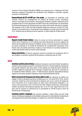 15PÀG.
anul·lar el Fons Estatal d’Acollida (FAIRE) que suposava per a Catalunya 43,5 M€.
L’executiu espanyol incompleix les sentències que l’obliguen a transferir aquests
recursos a la Generalitat.
Descentralització del 0,7% del IRPF per a fins socials. La Generalitat té atribuïdes amb
caràcter exclusiu les competències en matèria de serveis socials, voluntariat,
menors i promoció de les famílies. Amb aquesta finalitat, la gestió i distribució de la
recaptació del 0’7% de la declaració de l’IRPF hauria de correspondre a la Generalitat.
Però les transferències de l’Estat sempre han estat molt menors del que ha recaptat.
Per exemple, el 2017, dels 52,2 M€ recaptats Catalunya només en va rebre 31,2 M€.
L’Estat ha incomplert fins a 12 sentències que l’obliguen a complir amb el traspàs del
0’7%. S’estima que el diferencial entre l’aportat i el rebut frega els 35 M€ anuals.
ENSENYAMENT
Respecte el model d’escola catalana. L’Estat ha actuat de forma contundent en aquest
àmbit contra Catalunya. El més rellevant ha estat l’aprovació de la Llei orgànica de
millora de la qualitat de l’educació (LOMCE), la qual, a més de suposar la introducció
de canvis profunds en el model de distribució de competències educatives entre
l’Estat i les comunitats autònomes, implica un atac directe a la societat catalana en
incidir directament sobre el nostre model educatiu.
Beques universitàries. El Govern espanyol continua incomplint les sentències del TC
que obliguen a transferir la gestió de les beques a Catalunya des de 1994.
SALUT
Assistència sanitària universal bàsica.Catalunya ha estat en contra de limitar l’assistència
sanitàriauniversalbàsicaqueelPPvaimposarl’any2012.TotselsresidentsaCatalunya
han gaudit d’aquests dret amb càrrec a fons públics per mitjà del Servei Català de
la Salut malgrat la suspensió de la normativa catalana per part del TC, aixecada en
el mandat de Pedro Sànchez. Unes 117.000 persones excloses d’assistència bàsica
segons la normativa estatal a Catalunya n’han estat beneficiàries (2018).
Dèficit estructural del finançament del sistema públic de salut. Els objectius de dèficit van
obligar a reduir la despesa sanitària a Catalunya en un 14% entre 2010 i 2014. Alhora
el Govern estatal ha anat incrementant la despesa que corre a càrrec de Catalunya
amb l’increment de la cartera bàsica de salut (nous tractaments d’hepatitis o la
vacuna del neumococ), amb l’increment de l’IVA d’alguns productes (instrumental
sanitari, productes farmacèutics) passant del 10 al 21% per requeriment de la UE,
però que ha suposat un sobrecost per la Generalitat en 58 M€ anuals a favor de
l’Estat sense contrapartida.
Assistència sanitària a desplaçats. Són pacients residents a altres CCAA, que han estat
atesosaCatalunyaipagatsperlaGeneralitatipelsqualsnos’estàrebentlacompensació
corresponent de la seva CCAA d’origen. Es valora en un mínim de 18,5 M€ anuals.
 