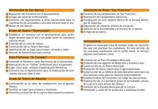 Hermandad de San Marcos
Regulación del Convenio con el Ayuntamiento.
Arreglo del salón de la Hermandad.
Convenio con Ayuntamiento y otras asociaciones para la
coordinación de actividades culturales durante todo el año.
Museo de San Marcos.
Asociación de Bolos “San Francisco”
Fomento de los Campeonatos de San Francisco.
Realización de Campeonatos nocturnos.
Introducción de este deporte dentro de la Escuela Munici-
pal de Deportes.
Adquisición de material infantil de iniciación.
Solución de la accesibilidad y el horario de la bolera.
Arreglo de la bolera.Grupo de Teatro “Tejemaneje”
Establecer un convenio con el Ayuntamiento para activi-
dades durante todo el año y así poder tener un calendario
cultural anual.
Creación de un ciclo de teatro.
Construcción de un Teatro Municipal.
Habilitación de un lugar para ensayo, almacén y sede.
Petición de subvenciones para atrezo.
Conclusiones
El gobierno municipal trata de atender todas las necesida-
des que nos plantean los ciudadanos. En este sentido, de
las reuniones mantenidas con el tejido social, se extraen
algunas conclusiones como:
Creación de un Plan Estratégico Municipal.
Creación de una Agencia de Desarrollo y Empleo Local.
Construcción de un Teatro Municipal.
Promoción de Naves industriales y agroindustriales.
Construcción de un Edificio de Usos Múltiples tanto para las
Asociaciones como para los jóvenes emprendedores.
Establecimiento de Convenios con todas las asociaciones.
Elaboración de un calendario anual de actividades cultura-
les y de ocio para Arroyo del Ojanco.
Creación de la Escuela Municipal de la Cultura.
Promoción y venta de los productos y empresas locales.
Peña Flamenca “Ar Compás”
Fomentar el flamenco como Patrimonio de la Humanidad.
Adecuación de un “tablao” profesional para actuaciones.
Lugar como sede, ensayos y espectáculos flamencos.
Convenio con el Ayuntamiento para la elaboración de acti-
vidades durante todo el año.
Grupo de Teatro de Mayores
Continuación de la labor de colaboración con el Ayunta-
miento.
Facilitar un lugar para ensayos y reuniones.
Fomento y promoción de la cultura entre nuestros mayores.
 